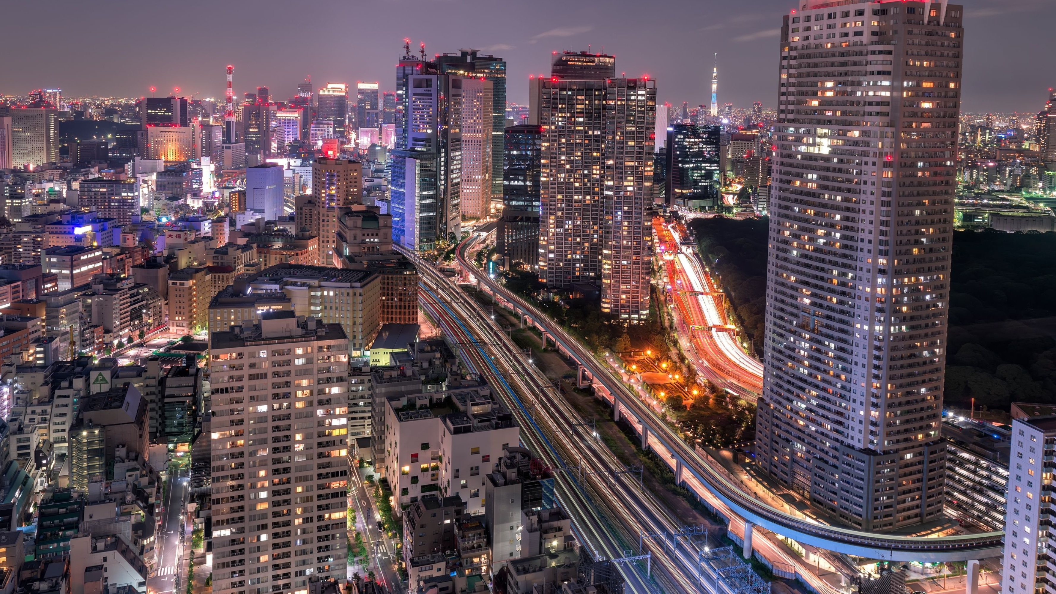 City: Shiodome, One of Tokyo's most modern areas, A collection of skyscrapers, Japan. 3560x2000 HD Background.