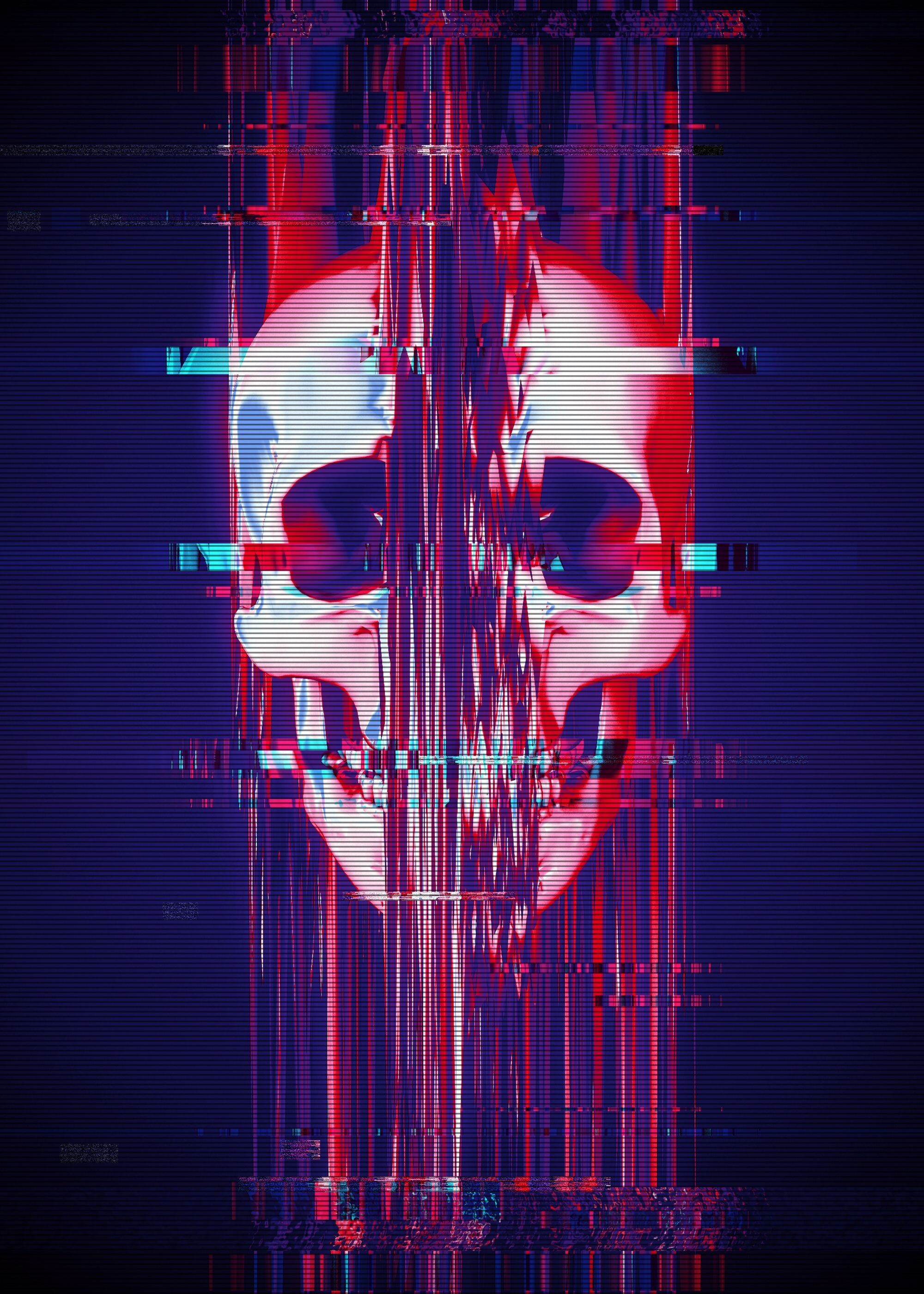Glitch: Human skull, An unexpected digital problem, Incorrectly displayed graphics. 2000x2800 HD Background.