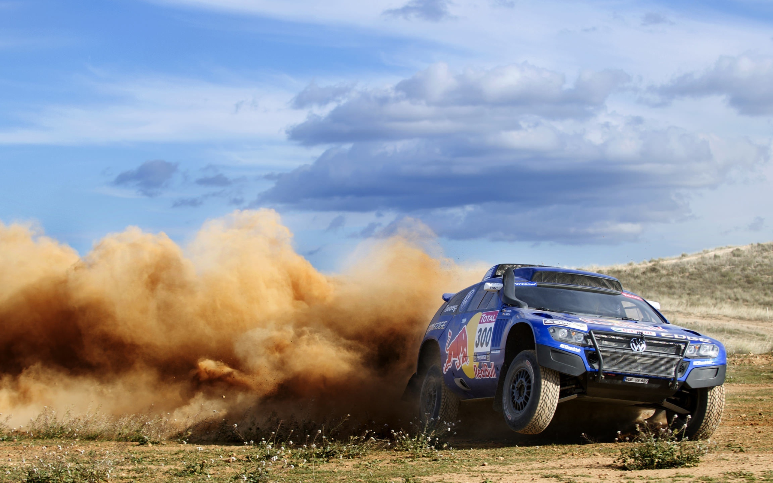 Rally Raid: Volkswagen Rally Racing, Red Bull, Extreme Drifting on Sandy Road, Off-road Car. 2560x1600 HD Wallpaper.