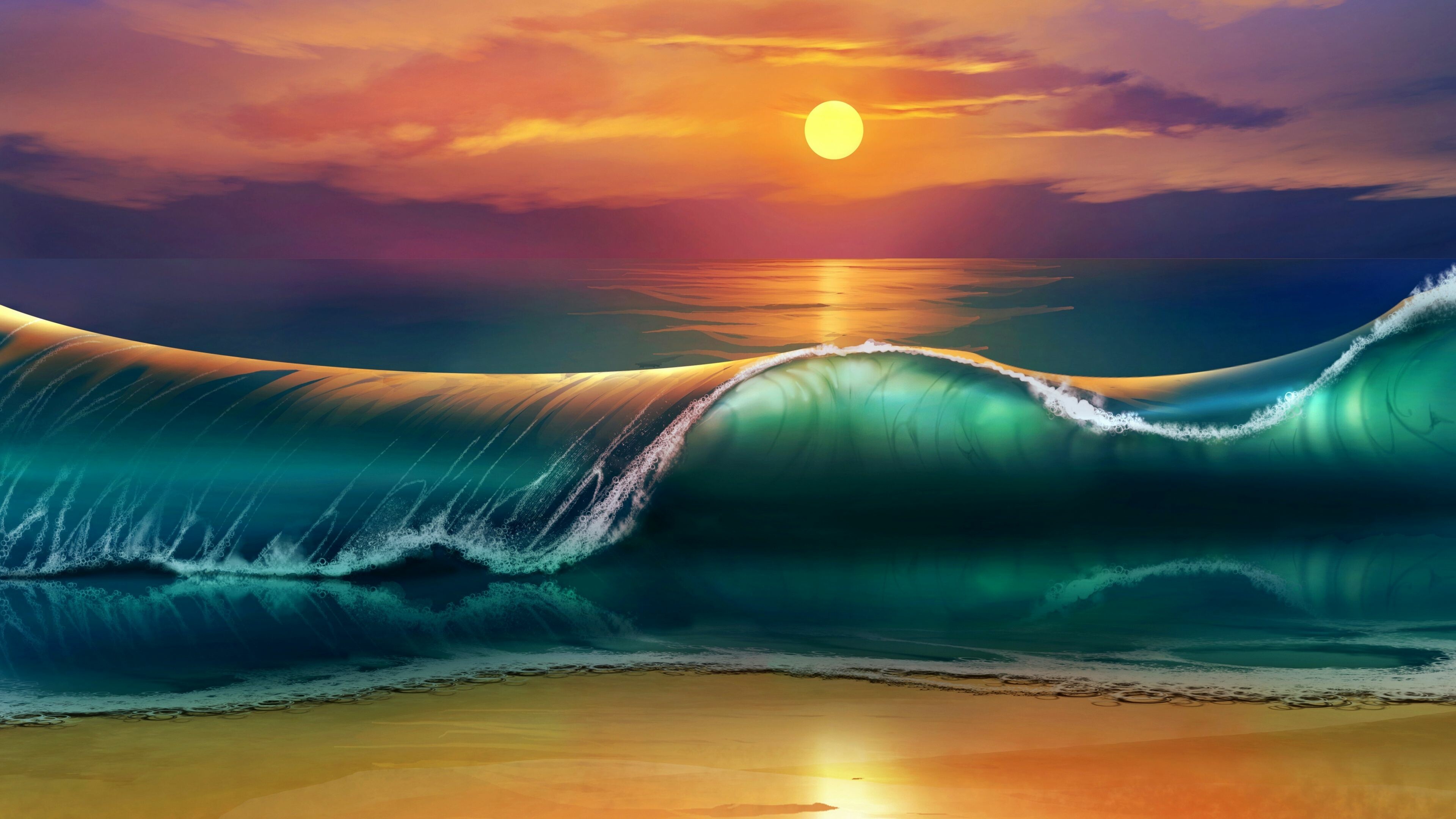 Sunset: Evening, Sundown, Ocean waves. 3840x2160 4K Background.