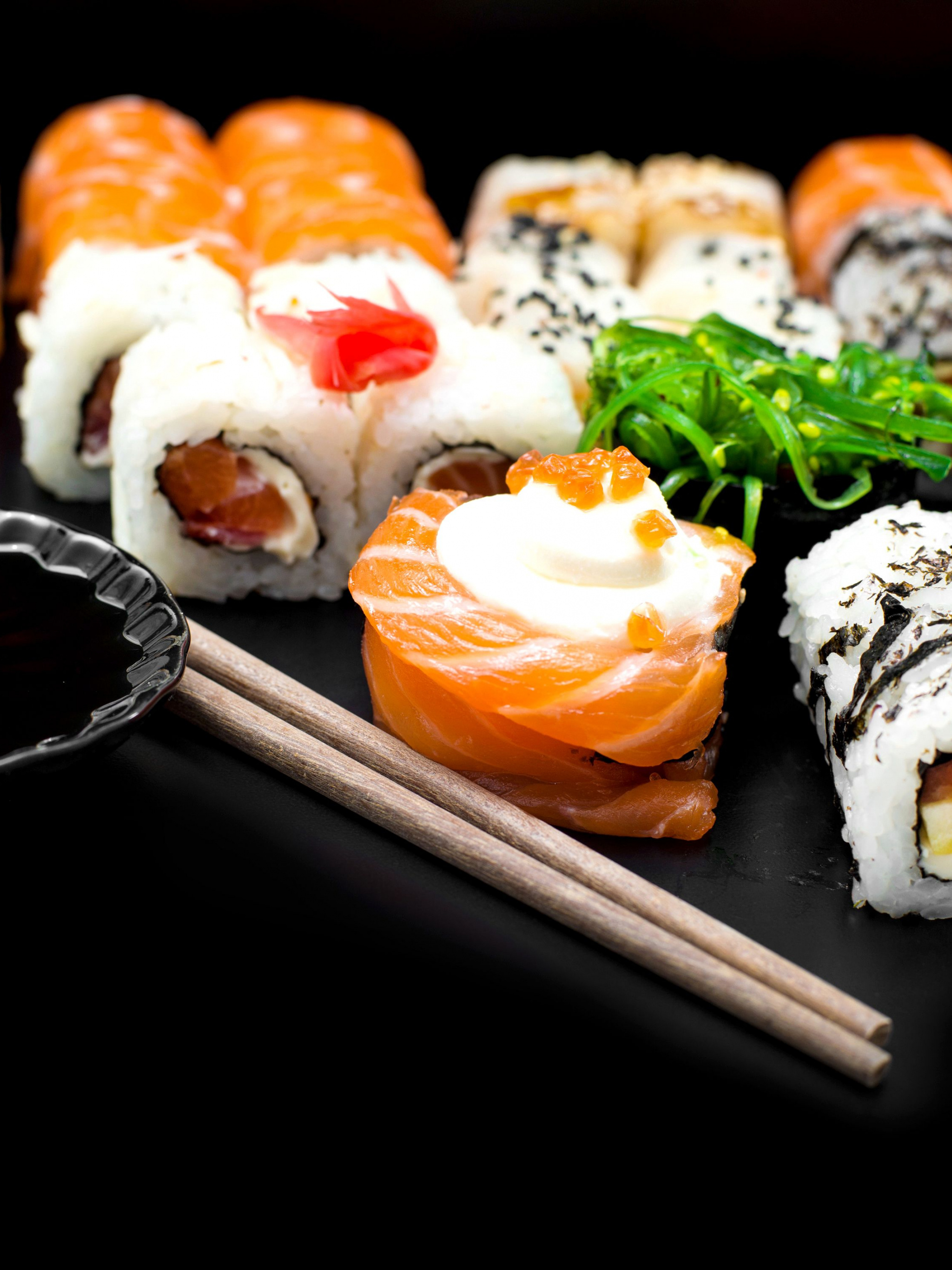Sushi: Food of Asian origin that features rice and seafood, Chopsticks. 2050x2740 HD Background.