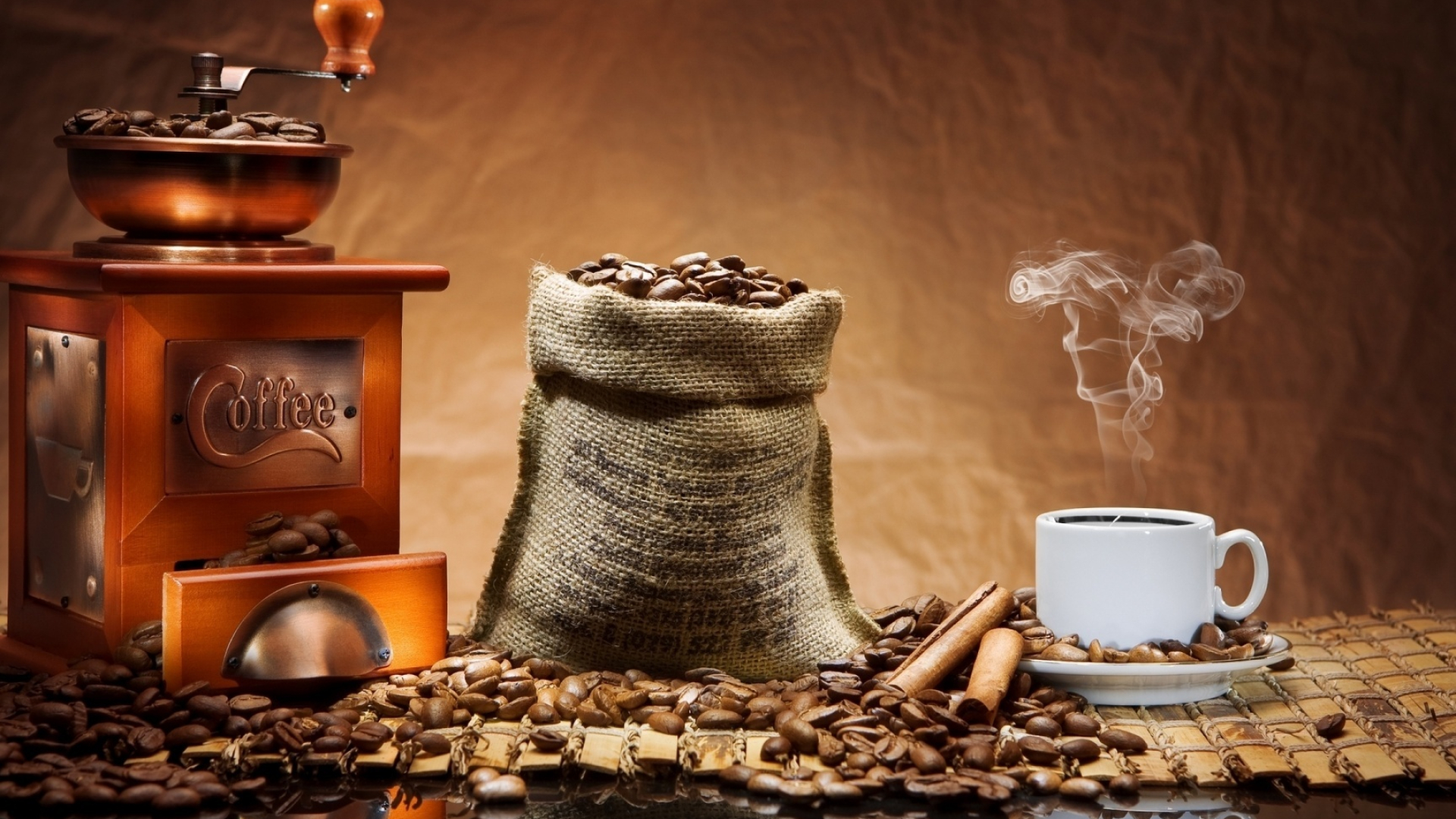 Coffee: Arabica tends to have a smoother, sweeter taste, with flavor notes of chocolate and sugar, Grinder. 1920x1080 Full HD Background.