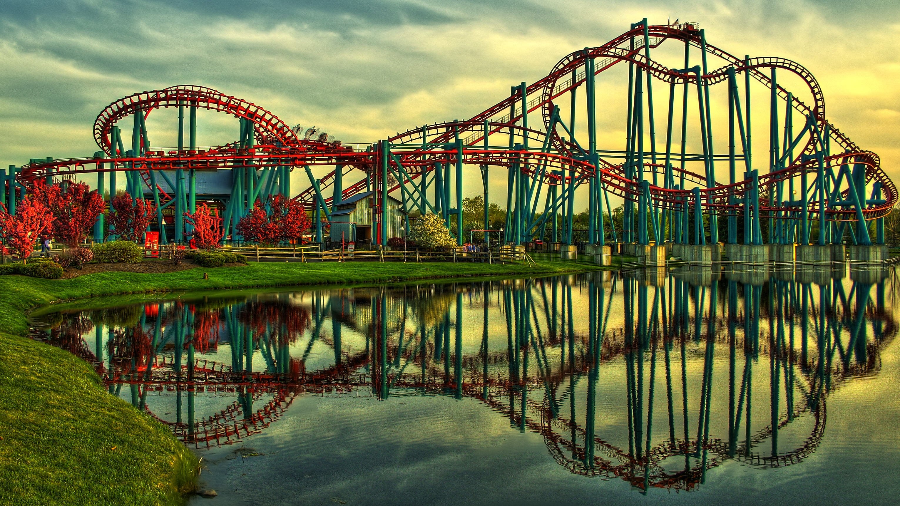 Amusement Park: Roller coaster, A place to enjoy rides, and other activities. 3070x1730 HD Background.