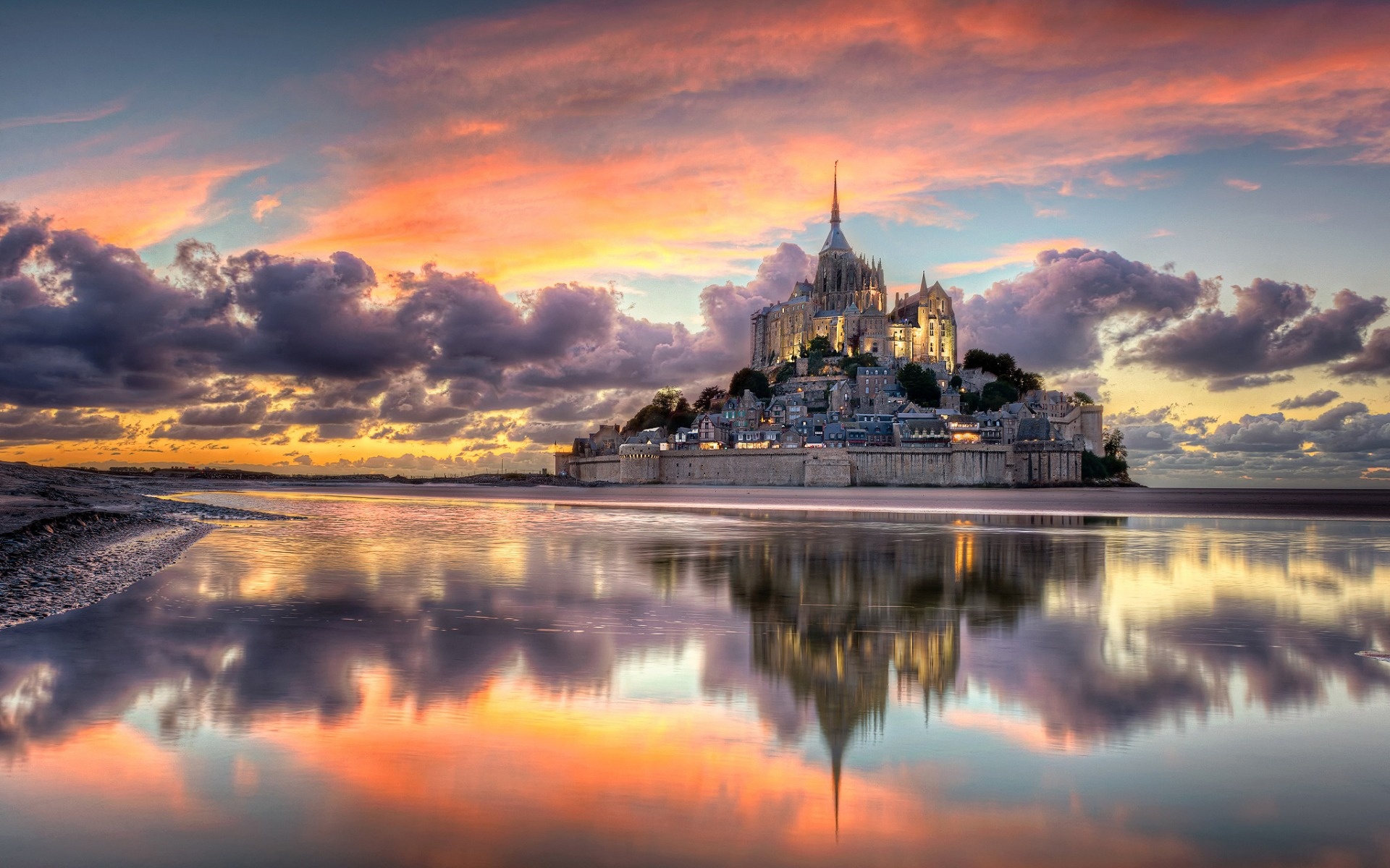 Mont Saint Michel, Travels, Sunset, Fortress, 1920x1200 HD Desktop