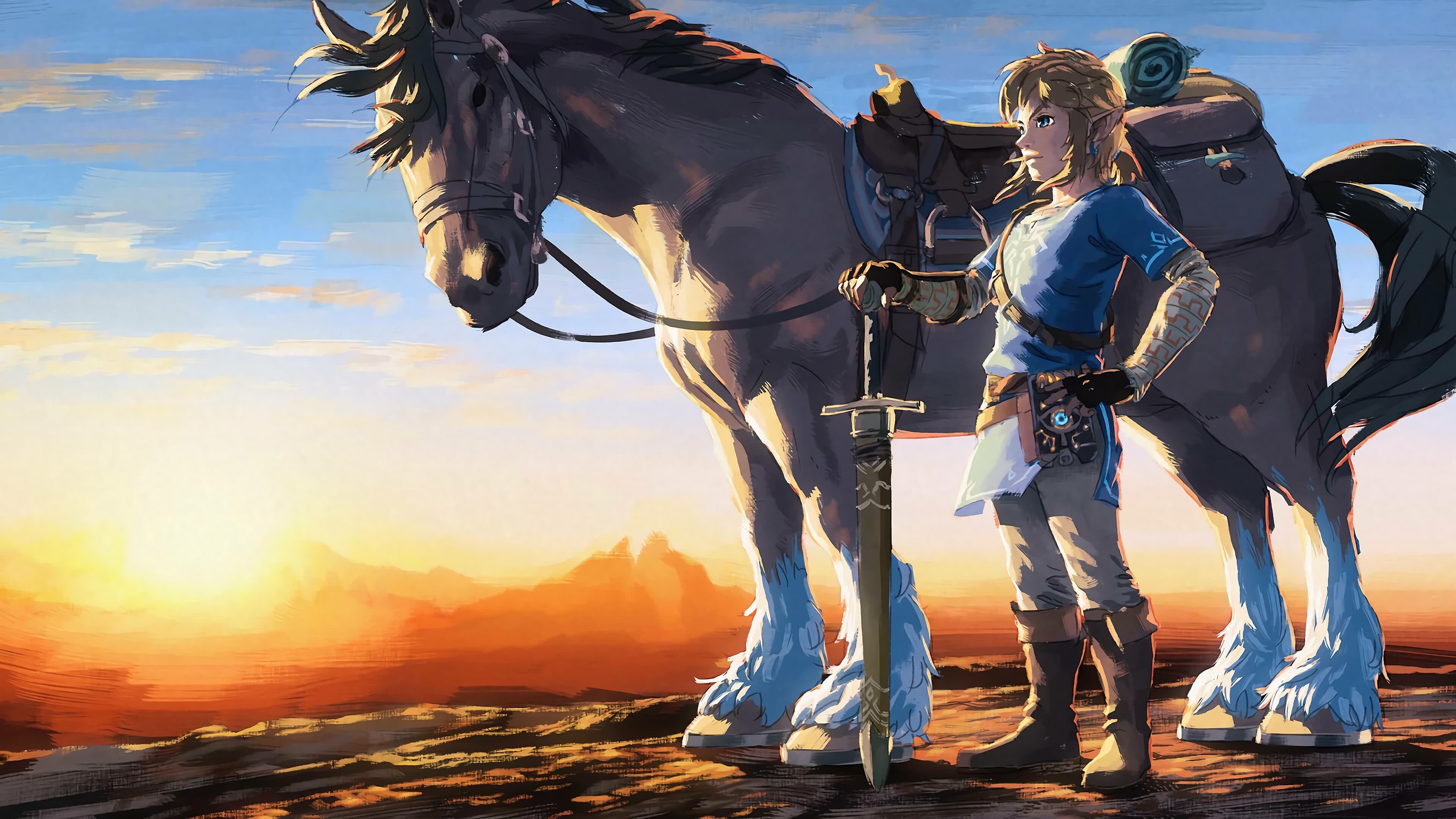 The Legend of Zelda: Breath Of The Wild, Link And Horse, Nintendo. 3840x2160 4K Background.