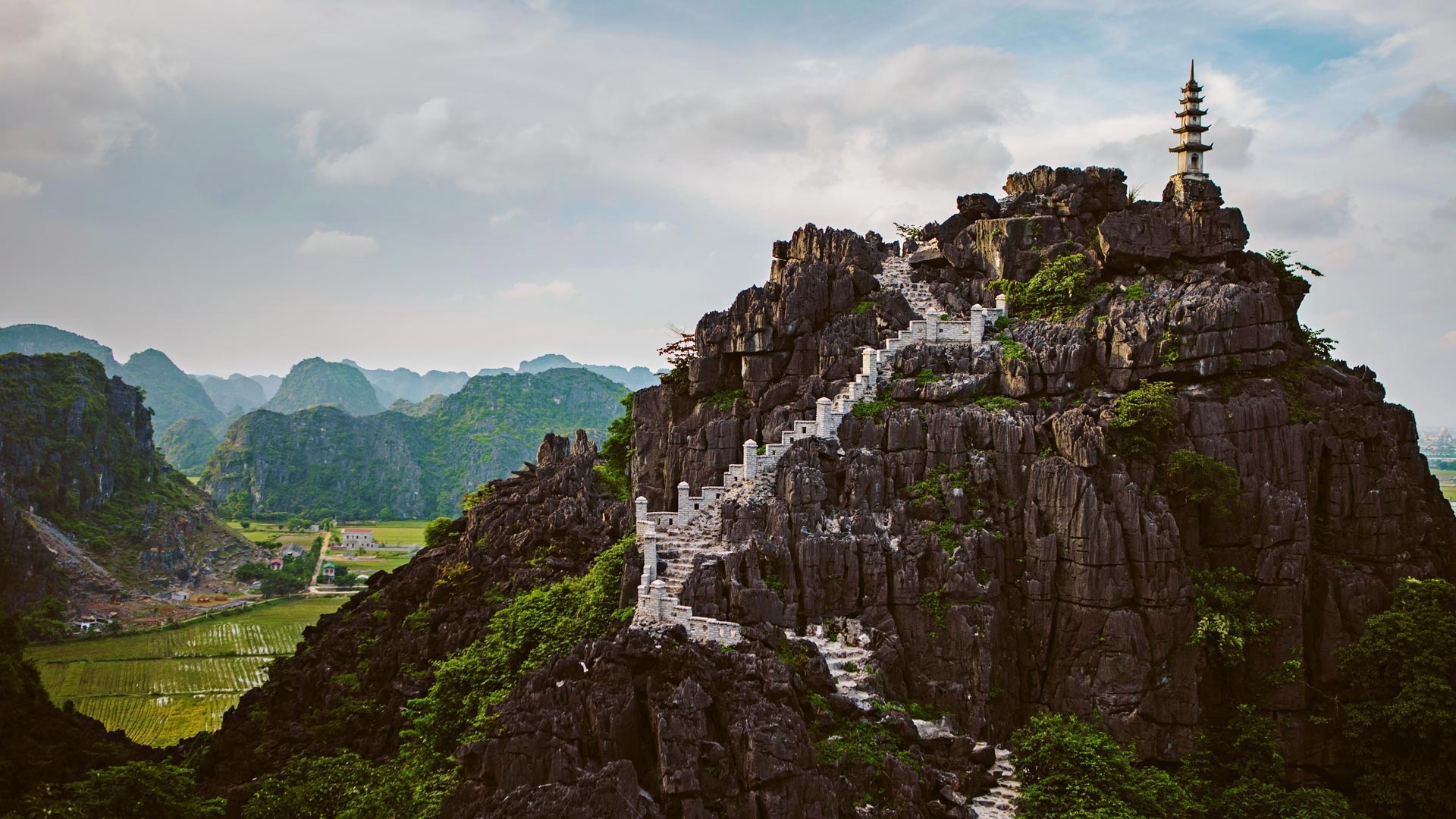 Rock mountains, Temple serenity, Ninh Binh caves, Captivating landscapes, 1920x1080 Full HD Desktop