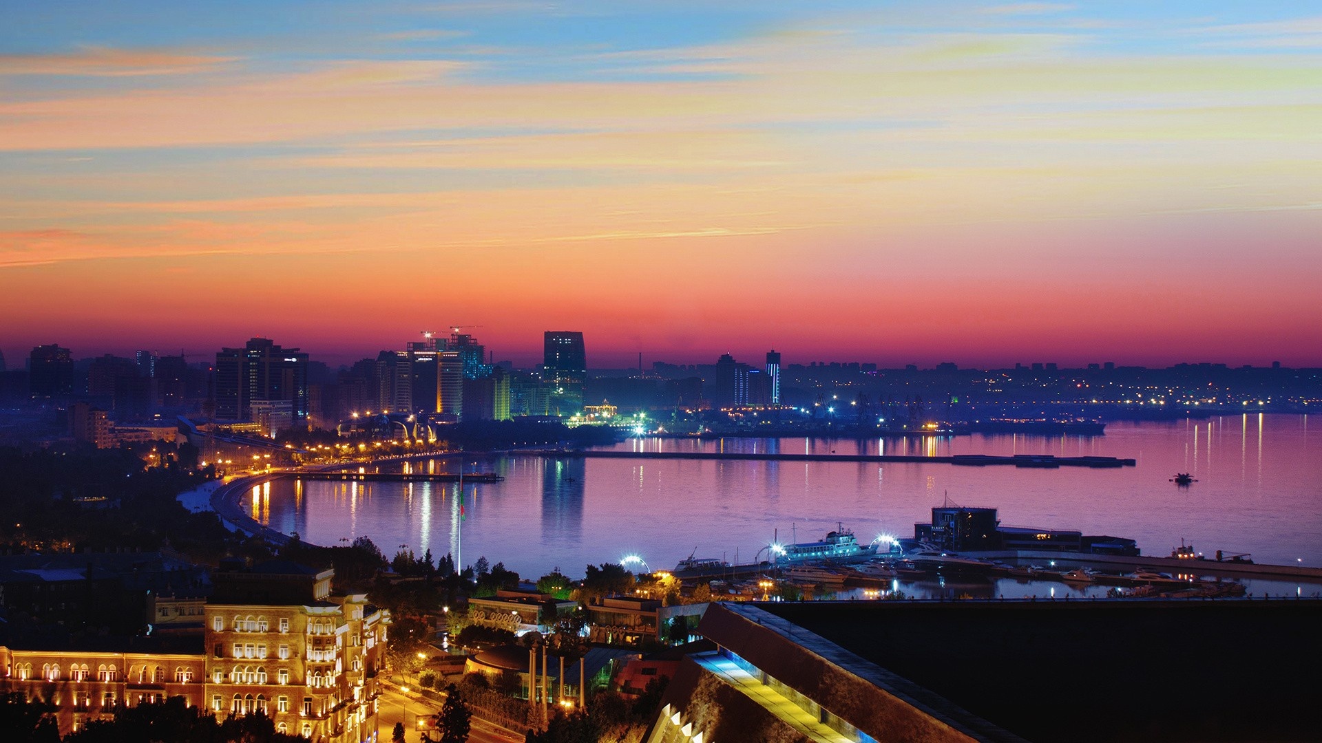 Azerbaijan: Cityscape, Sunrise, Azerbaijan's capital. 1920x1080 Full HD Wallpaper.