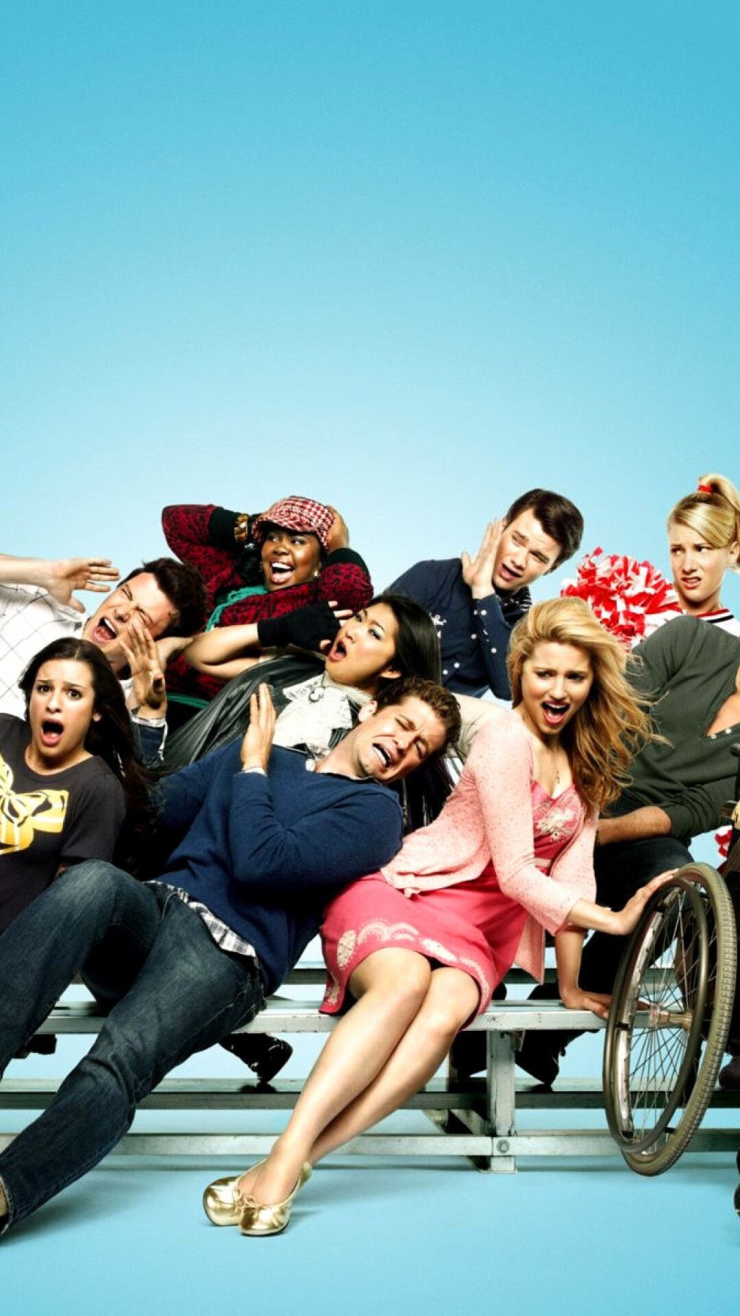 Glee (TV series): Lea Michele as Rachel Berry, Heather Morris as Brittany Pierce, Amber Riley as Mercedes Jones. 1080x1920 Full HD Background.