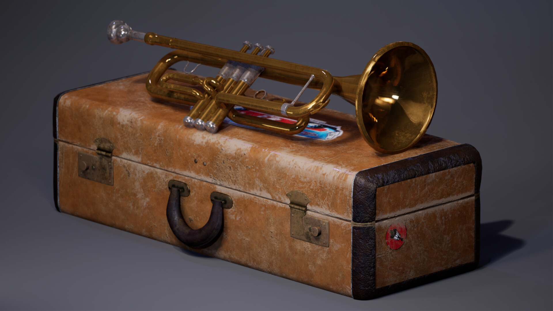 Trumpet: A vintage case, An old brass instrument, Constructed of brass tubing. 1920x1090 HD Background.