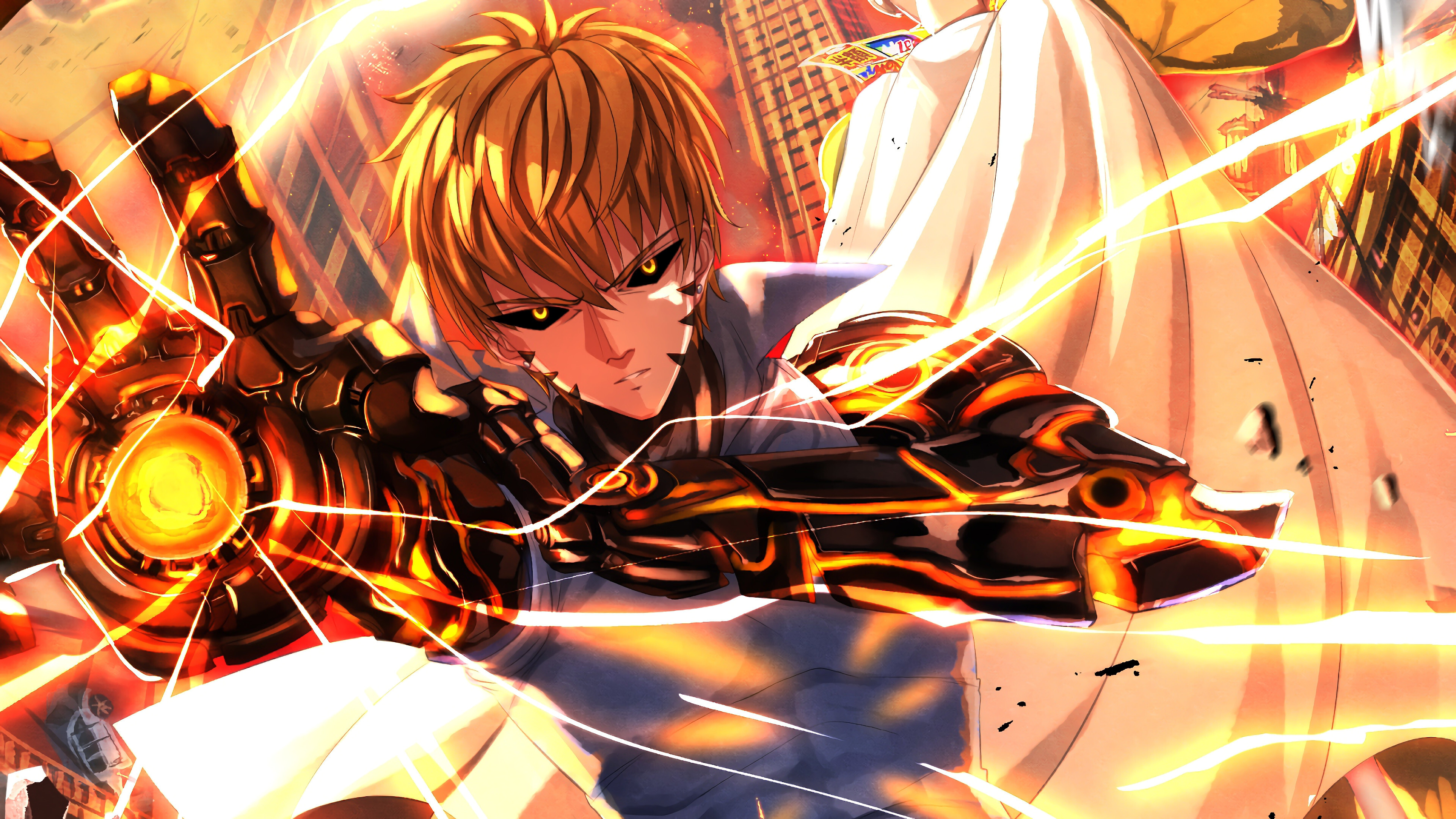 Genos: Anime, Full-body Cyborg Enhancement, One-Punch Man, ONE, Yusuke Murata, Manga. 3840x2160 4K Background.