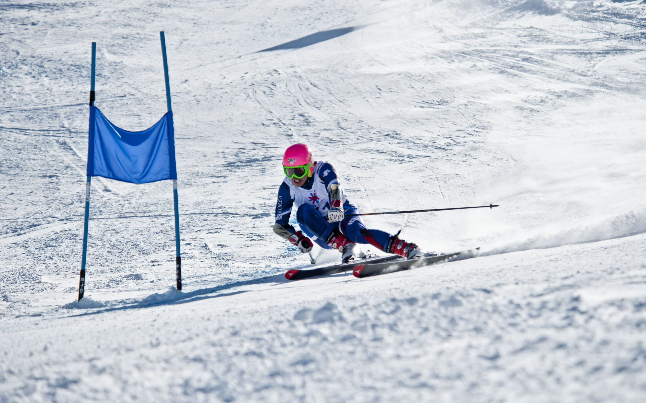 Skiing: Downhill in a zigzag between upright obstacles, Giant slalom. 2560x1600 HD Background.