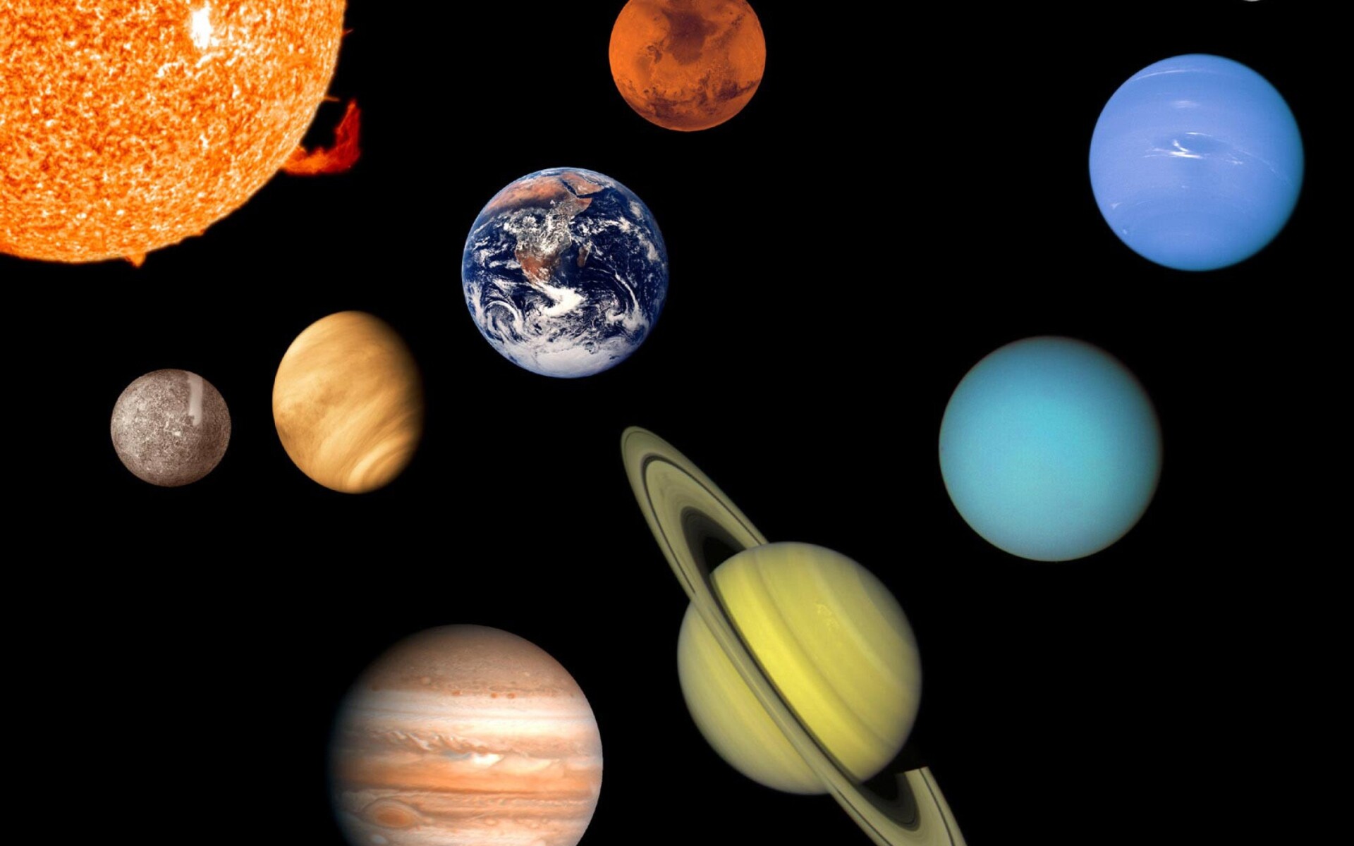 Solar System: The four inner system planets—Mercury, Venus, Earth and Mars. 1920x1200 HD Background.