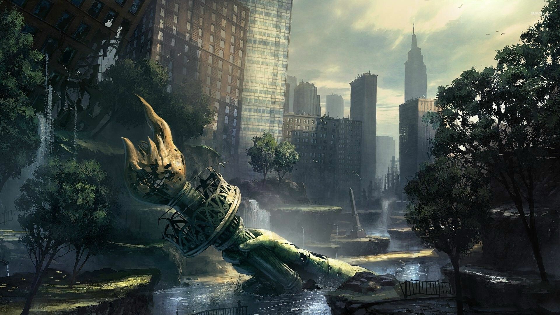 Post-apocalypse: Ruined metropolis, New York City, Statue of Liberty. 1920x1080 Full HD Background.