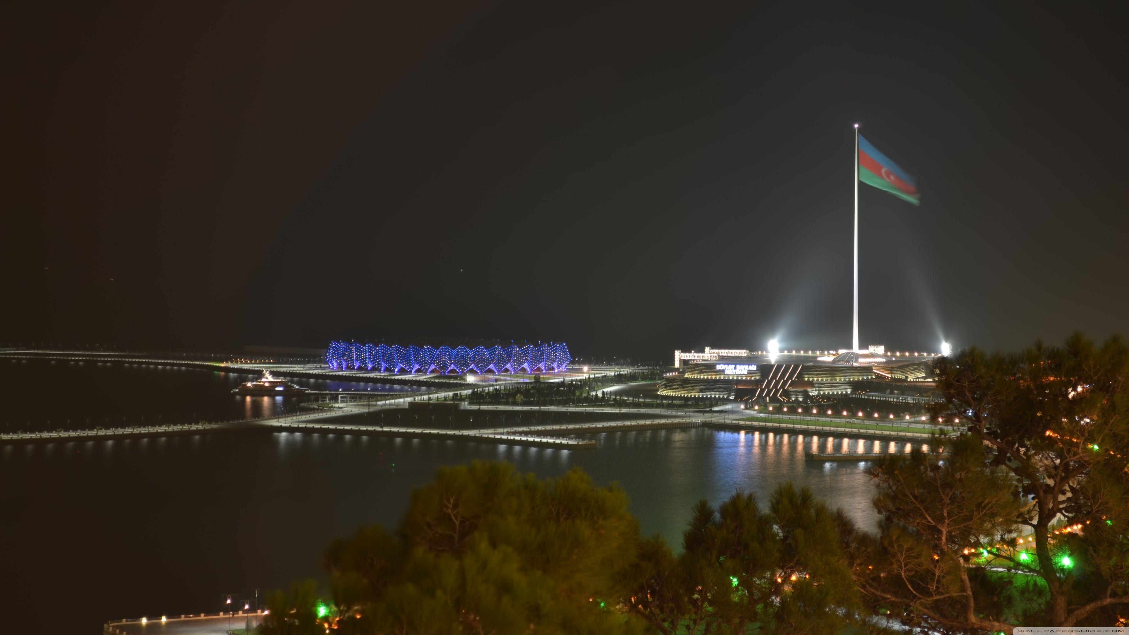 Azerbaijan: Night view of the city of Baku, A body of water. 3840x2160 4K Wallpaper.