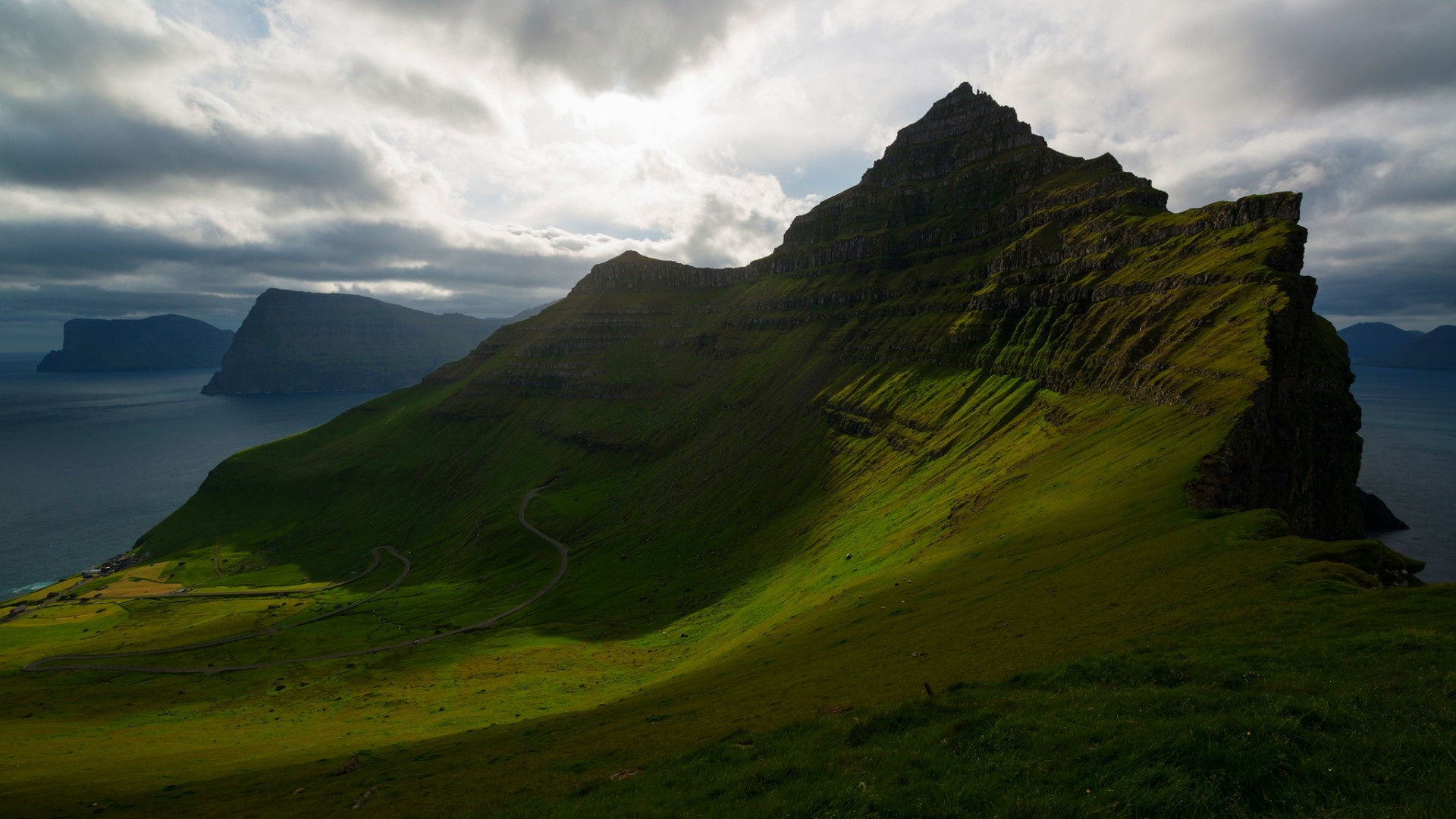 Faroe Islands, Mountainous island, Cloud-covered rocks, Trollanes village, 1920x1080 Full HD Desktop