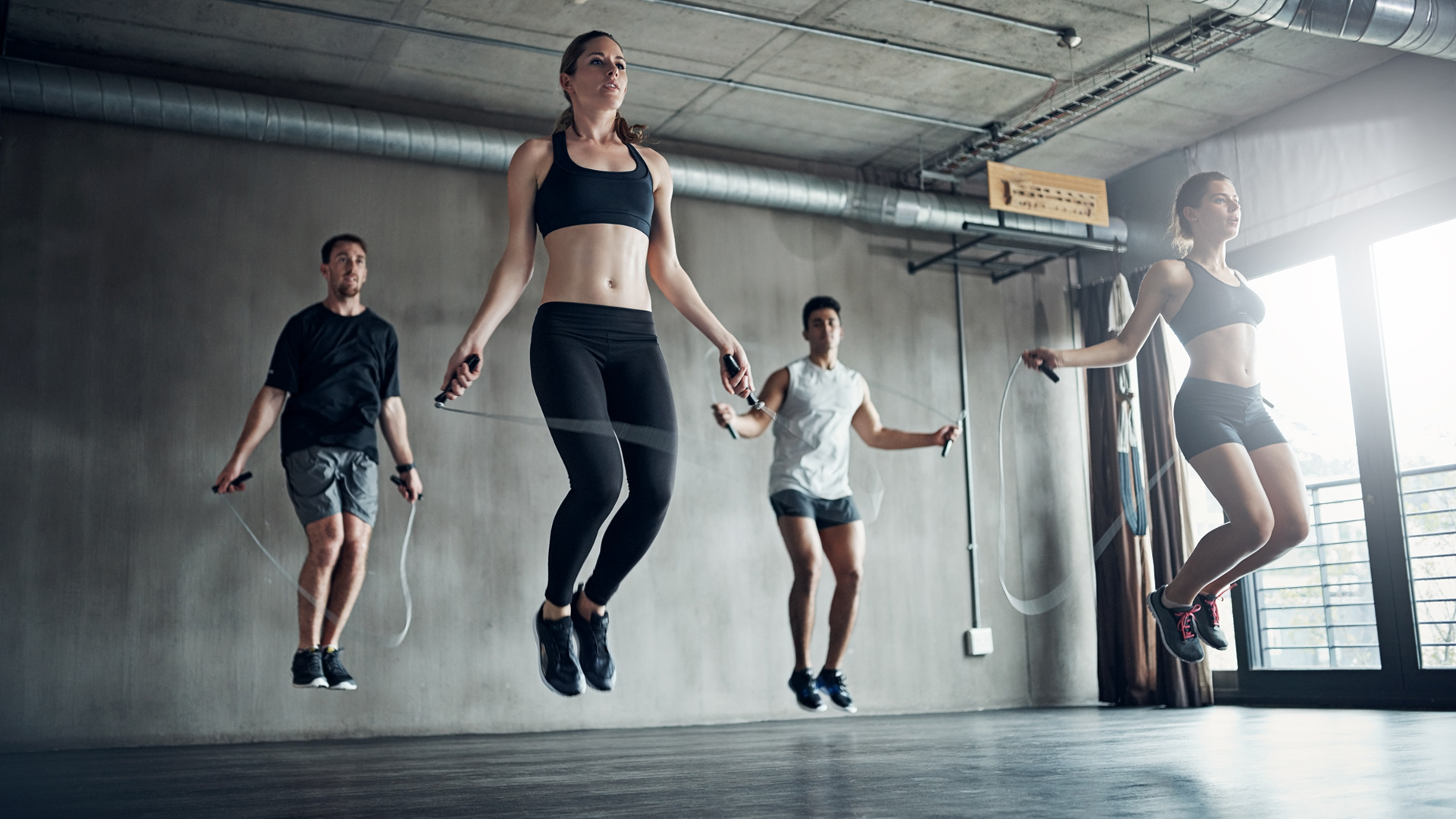 Rope Jumping: Skipping, Full body workout, Group fitness classes, Sports accessories, Jumping rope classes. 1920x1080 Full HD Background.