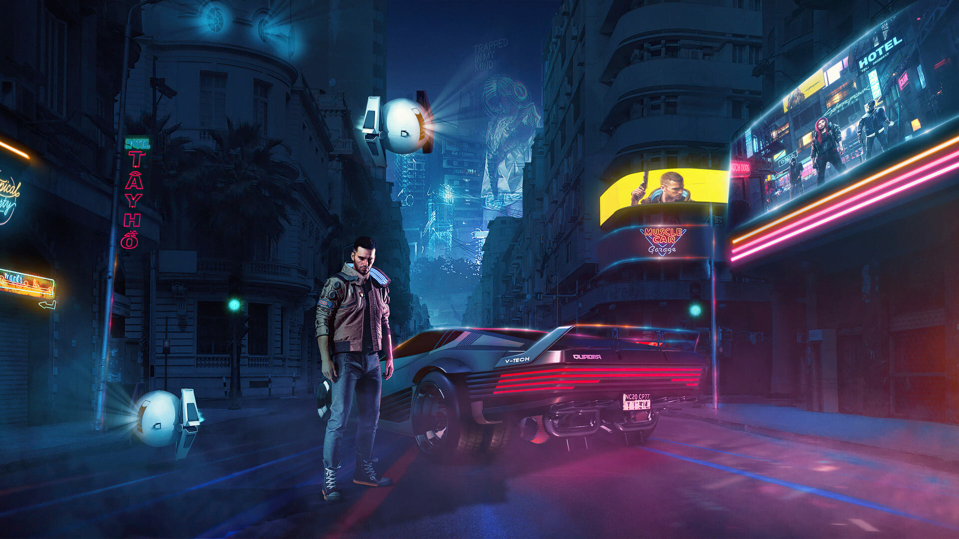 Cyberpunk 2077: The game takes place in Night City, a sprawling futuristic metropolis. 1920x1080 Full HD Background.