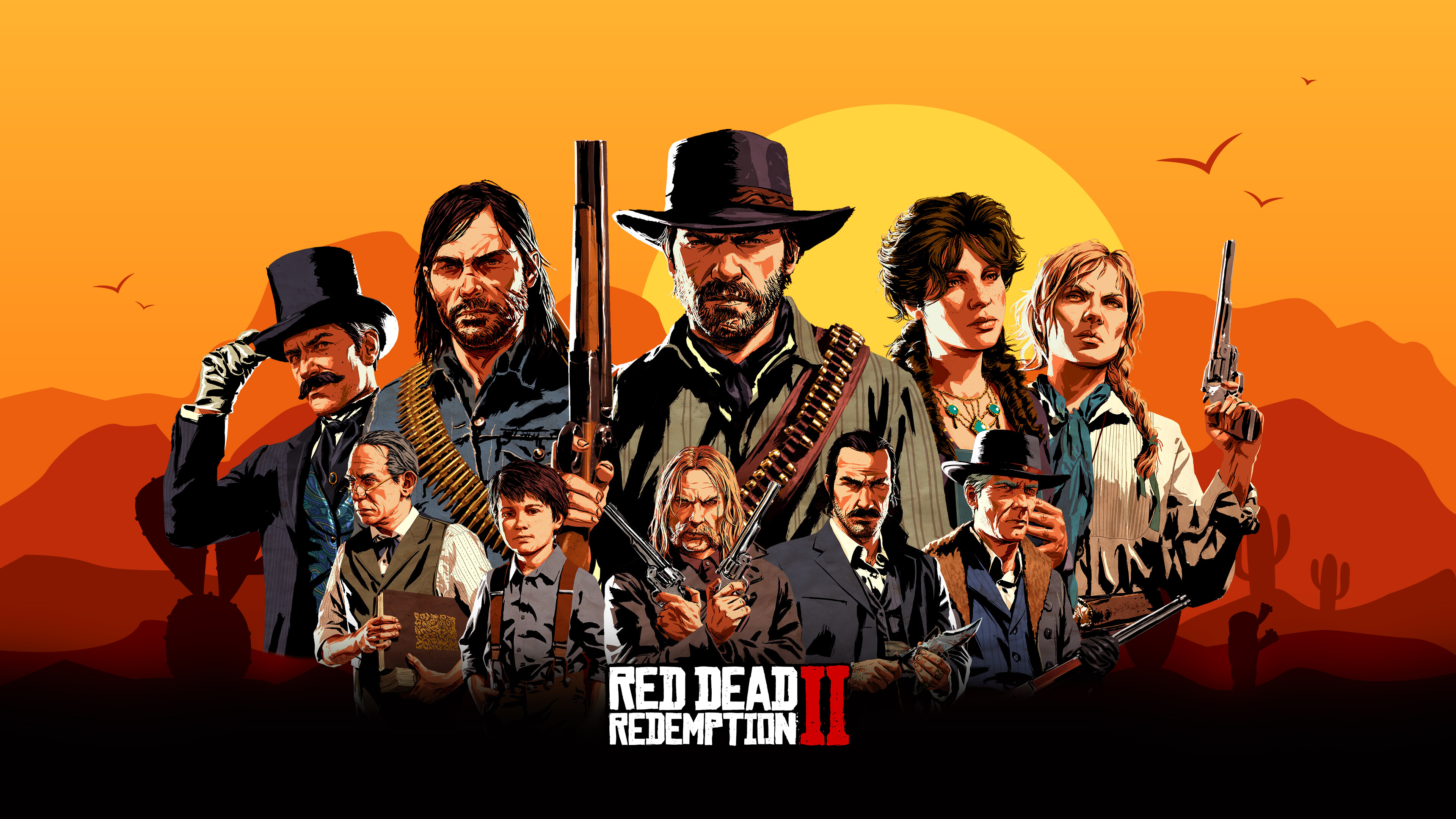 Red Dead Redemption: Arthur Morgan, Micah Bell, Dutch van der Linde, John Marston, and Sadie Adle. 3840x2160 4K Wallpaper.