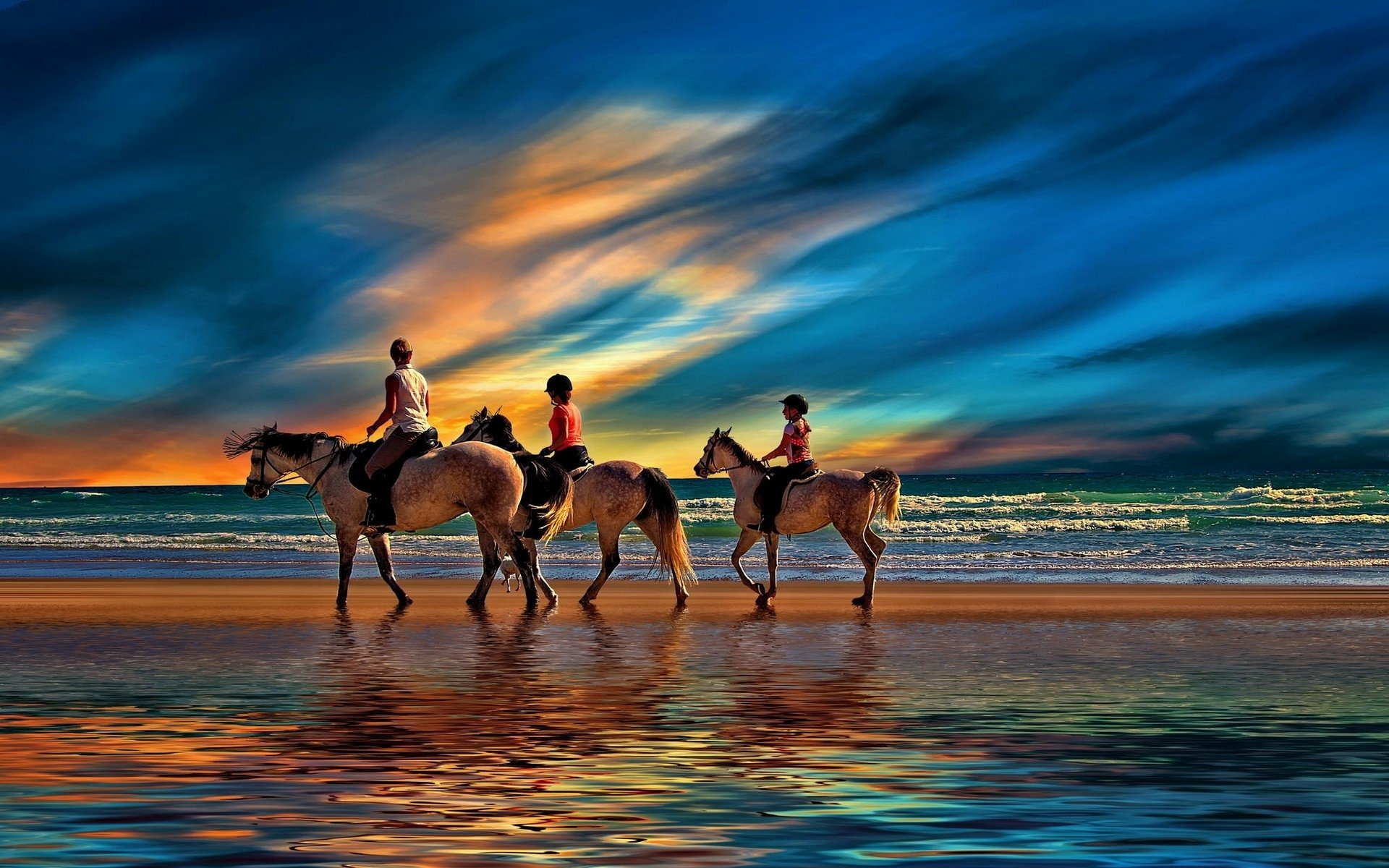 Equitation: Pleasure riding at the beach, Recreational activity for a family. 1920x1200 HD Background.