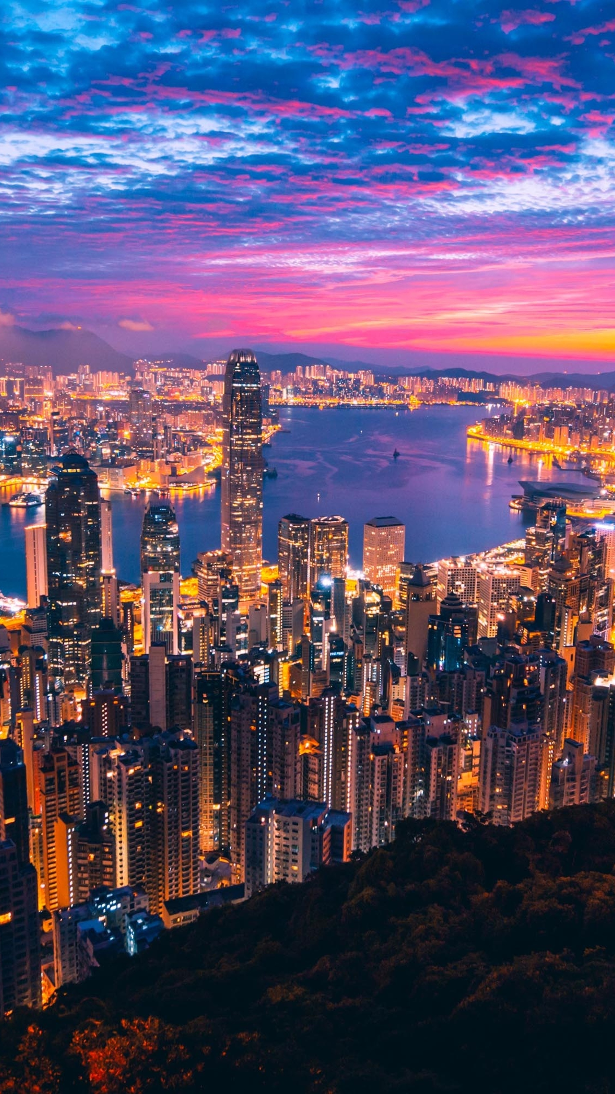 Hong Kong Skyline, Buildings at night, Xperia wallpapers, Stunning city lights, 2160x3840 4K Handy