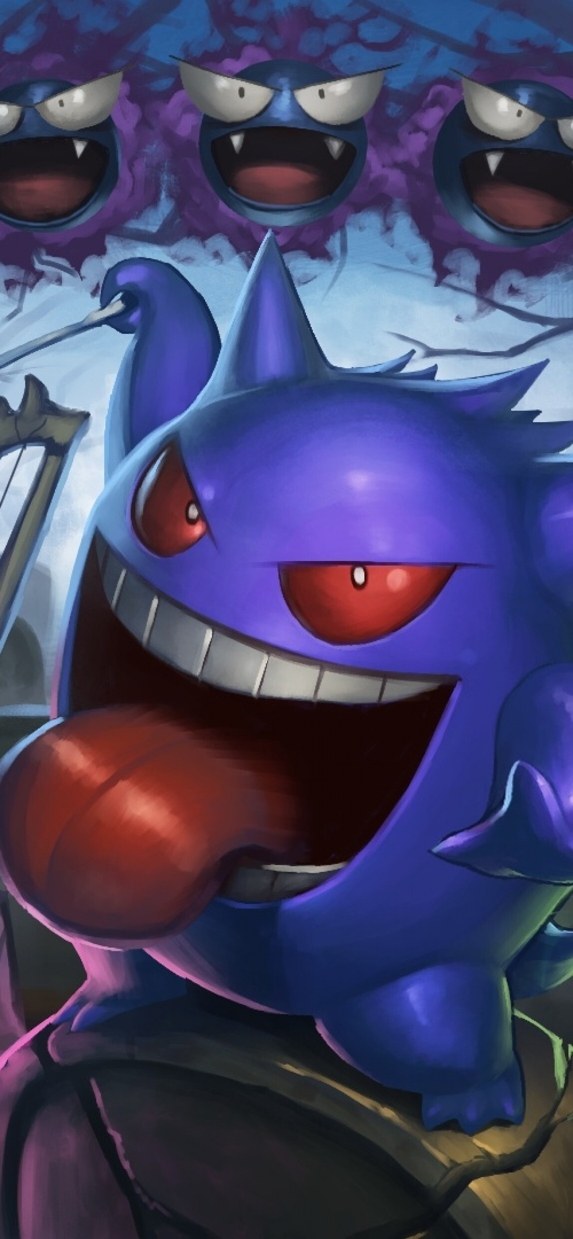 Gastly: Haunter, Gengar, Pokemon that can sneak into any place it desires with its vapor-like body. 1150x2480 HD Wallpaper.