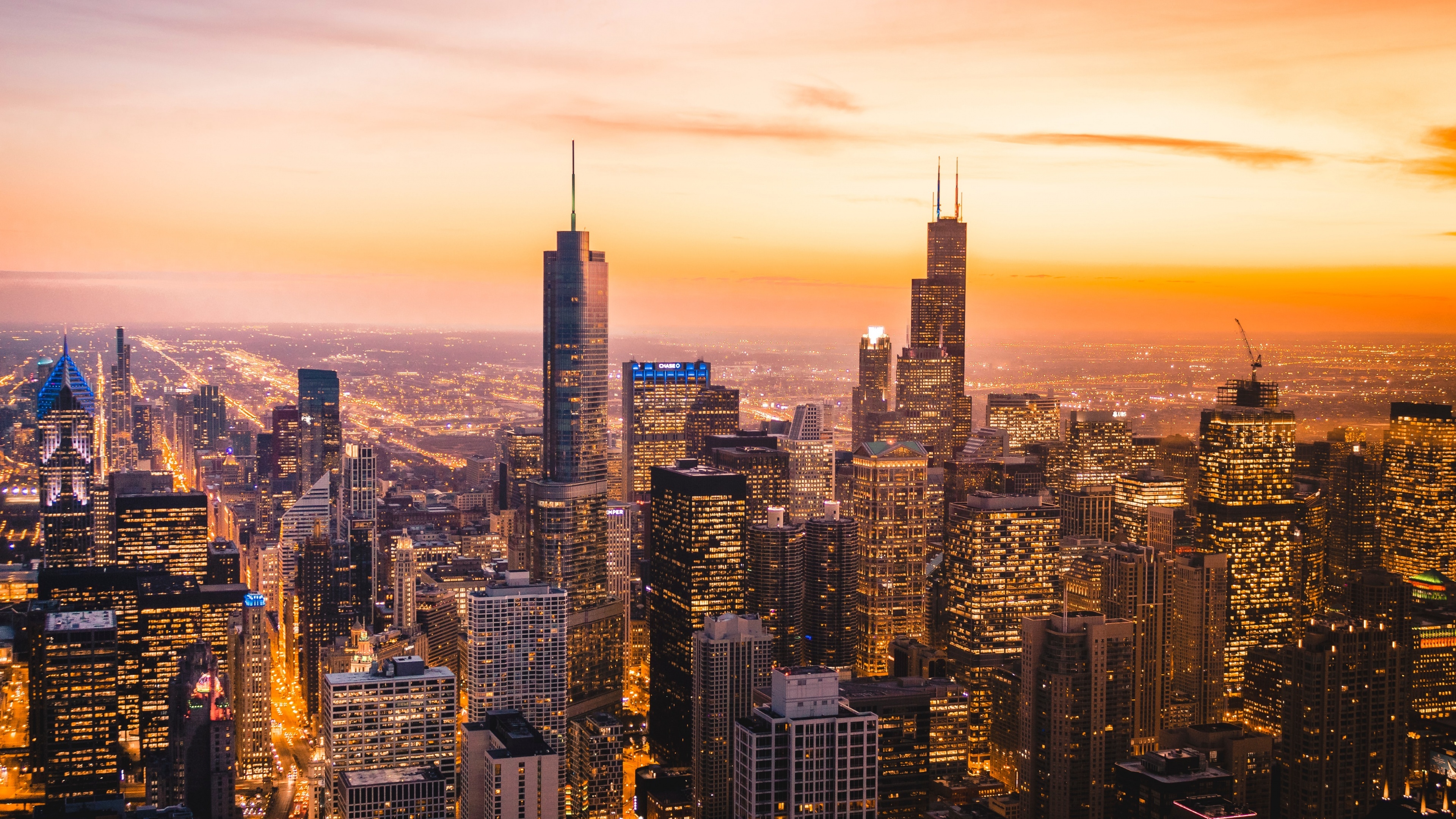 Chicago skyline, Cityscape skyscrapers, Dawn sunset, World, 3840x2160 4K Desktop