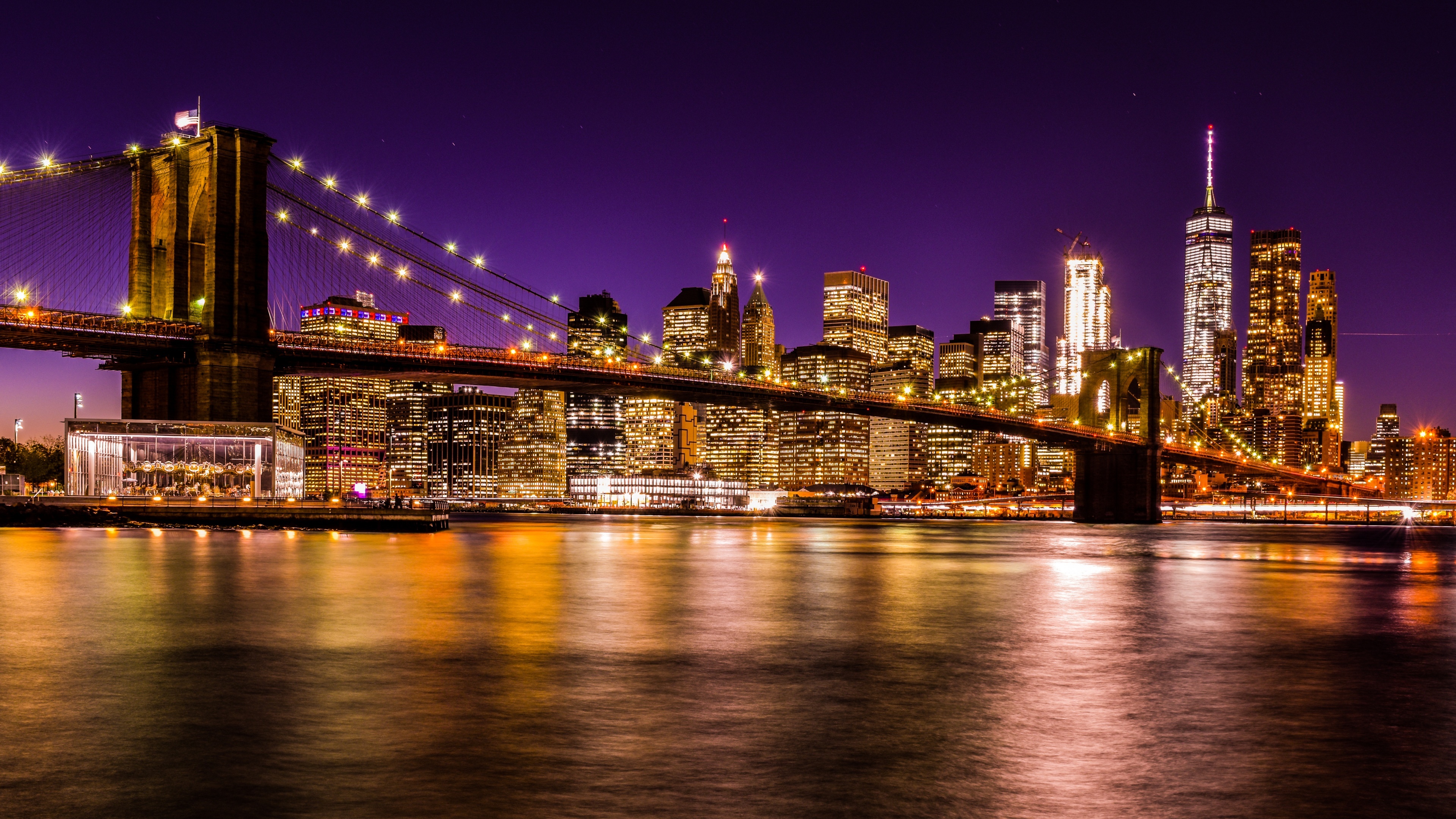Brooklyn Bridge, Night time cityscape, New York City skyline, World travel, 3840x2160 4K Desktop