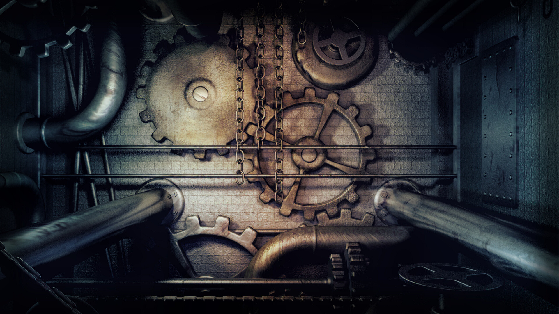 Gear: Steampunk dark machine, Pipes, Chains, A rotating circular mechanism part. 1920x1080 Full HD Wallpaper.