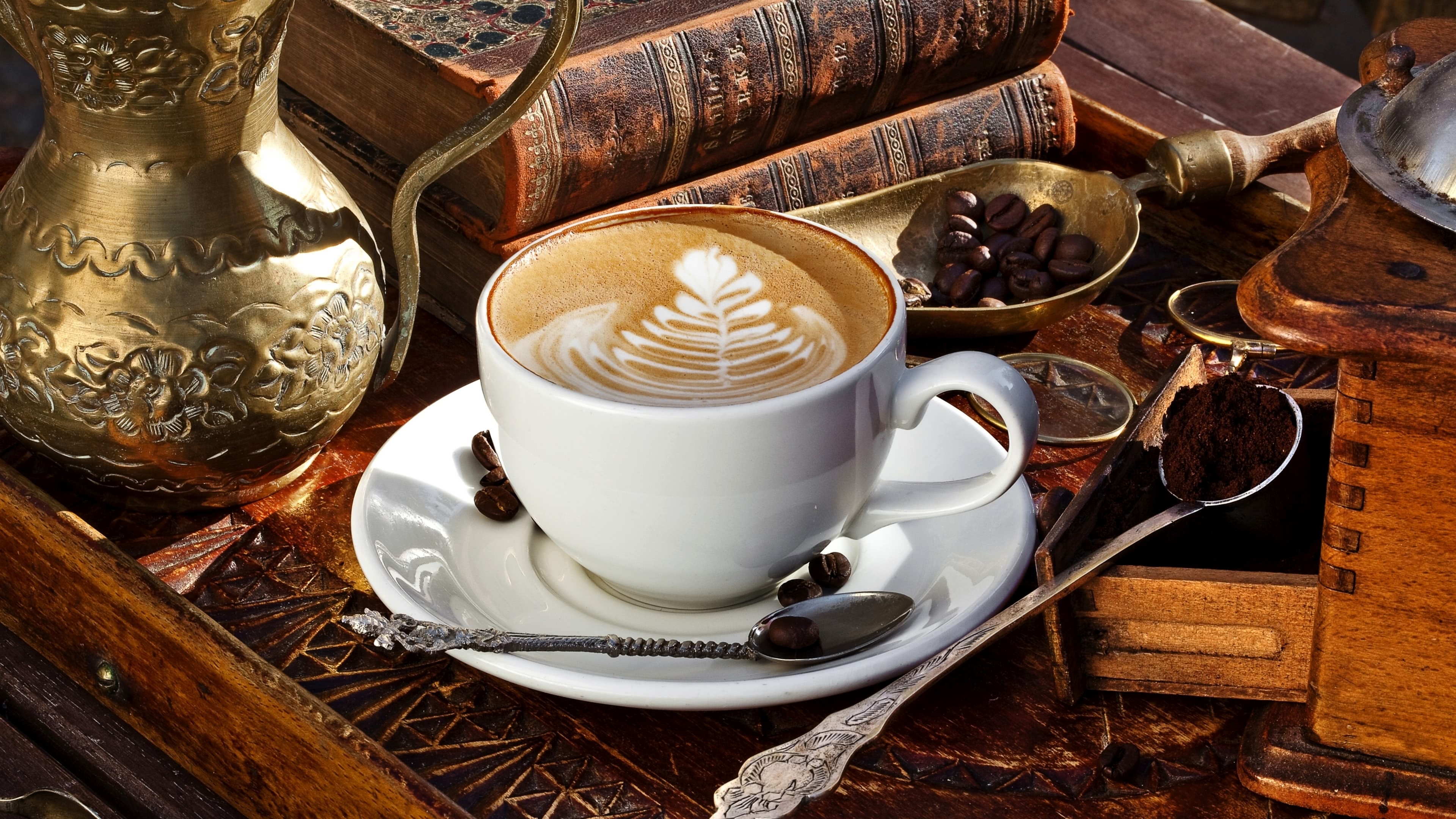 Coffee: Latte, Vintage books, A spoon and a cup, Atmospheric. 3840x2160 4K Wallpaper.