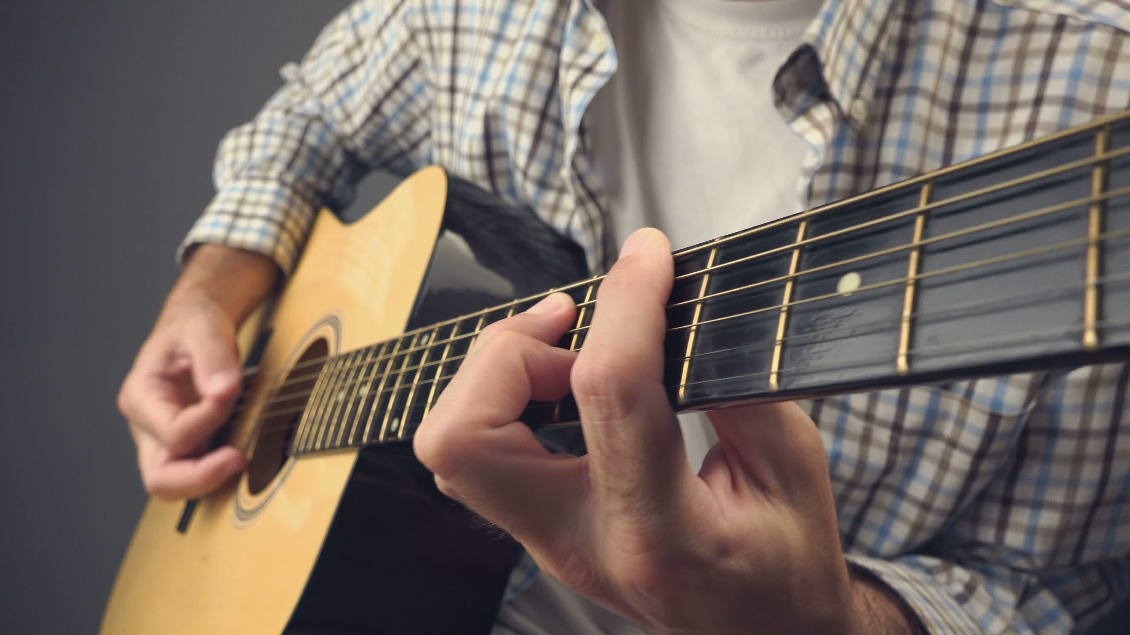 Guitar: Stringing, Man playing punk rock riff on acoustic guitar, A stringed musical instrument, Guitarist. 3840x2160 4K Background.