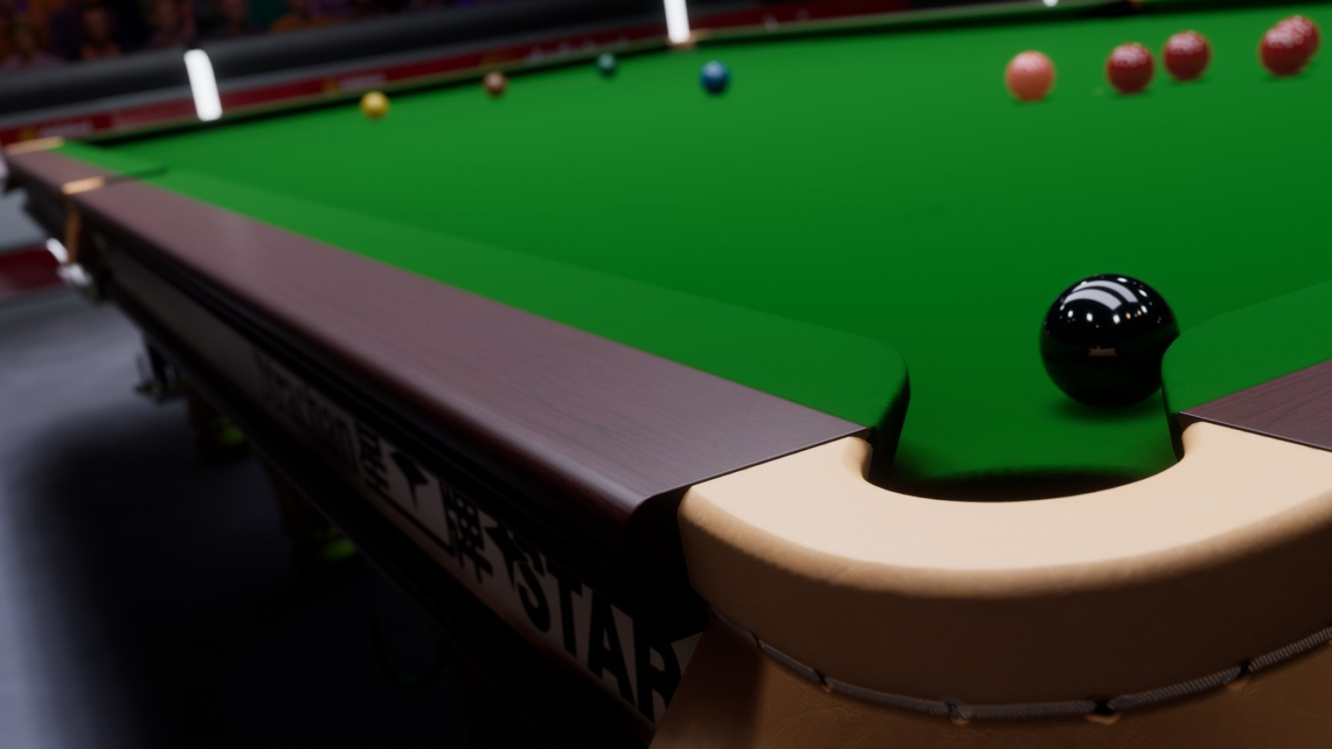 Snooker: A black ball near the drop pocket - 3D rendered model of a professional cue sport. 1920x1080 Full HD Wallpaper.