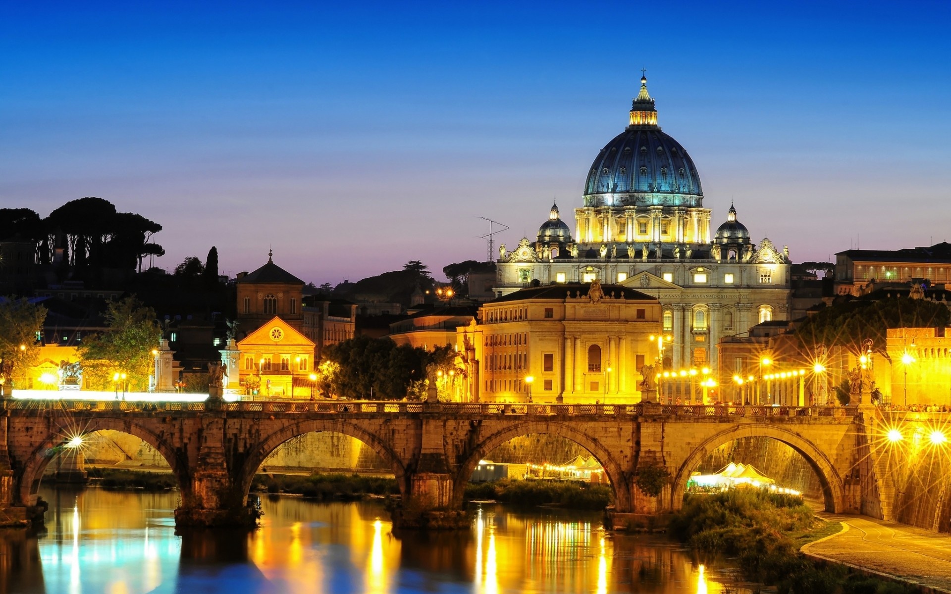 St. Peters Cathedral, Vatican City, Rome river bridge, Night, 1920x1200 HD Desktop