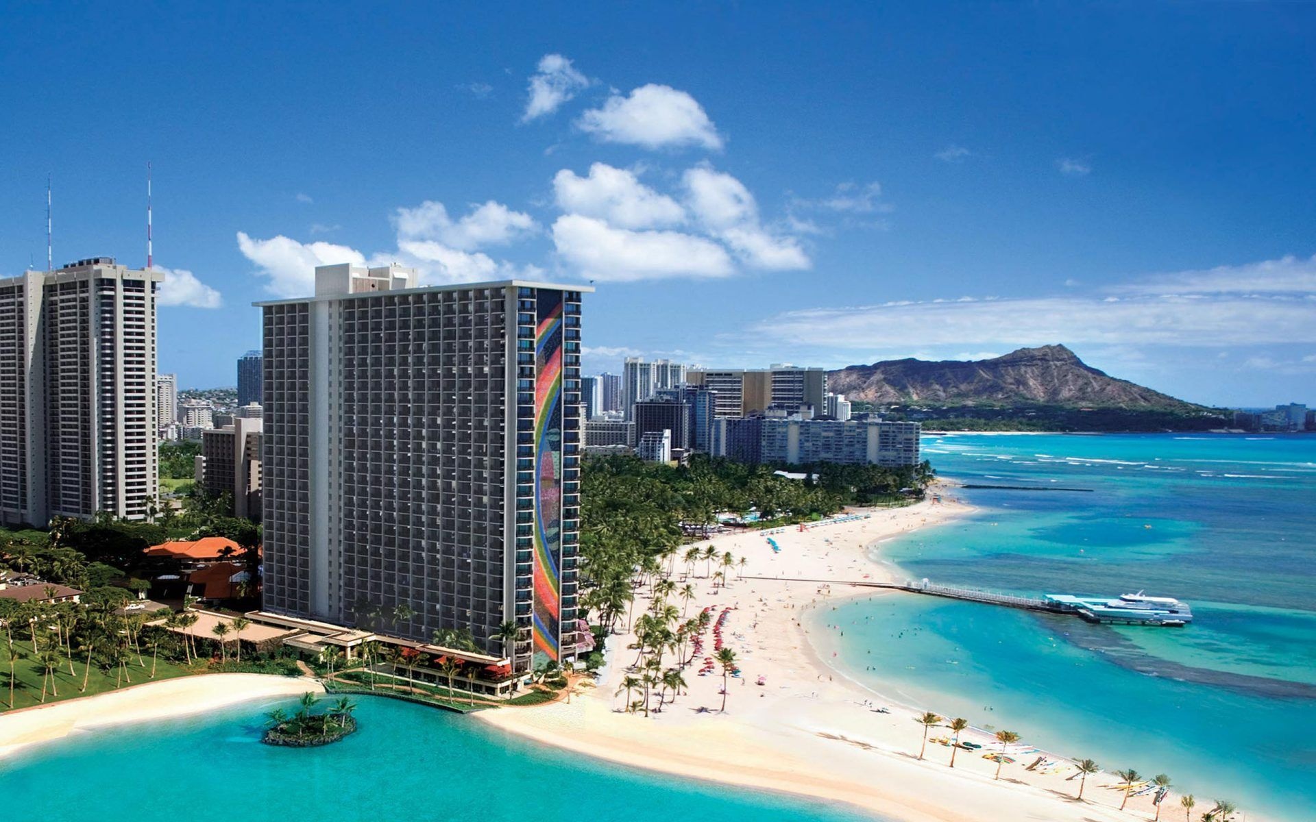 Waikiki Hawaii, Waikiki Beach, Cityscape view, Palm trees, 1920x1200 HD Desktop