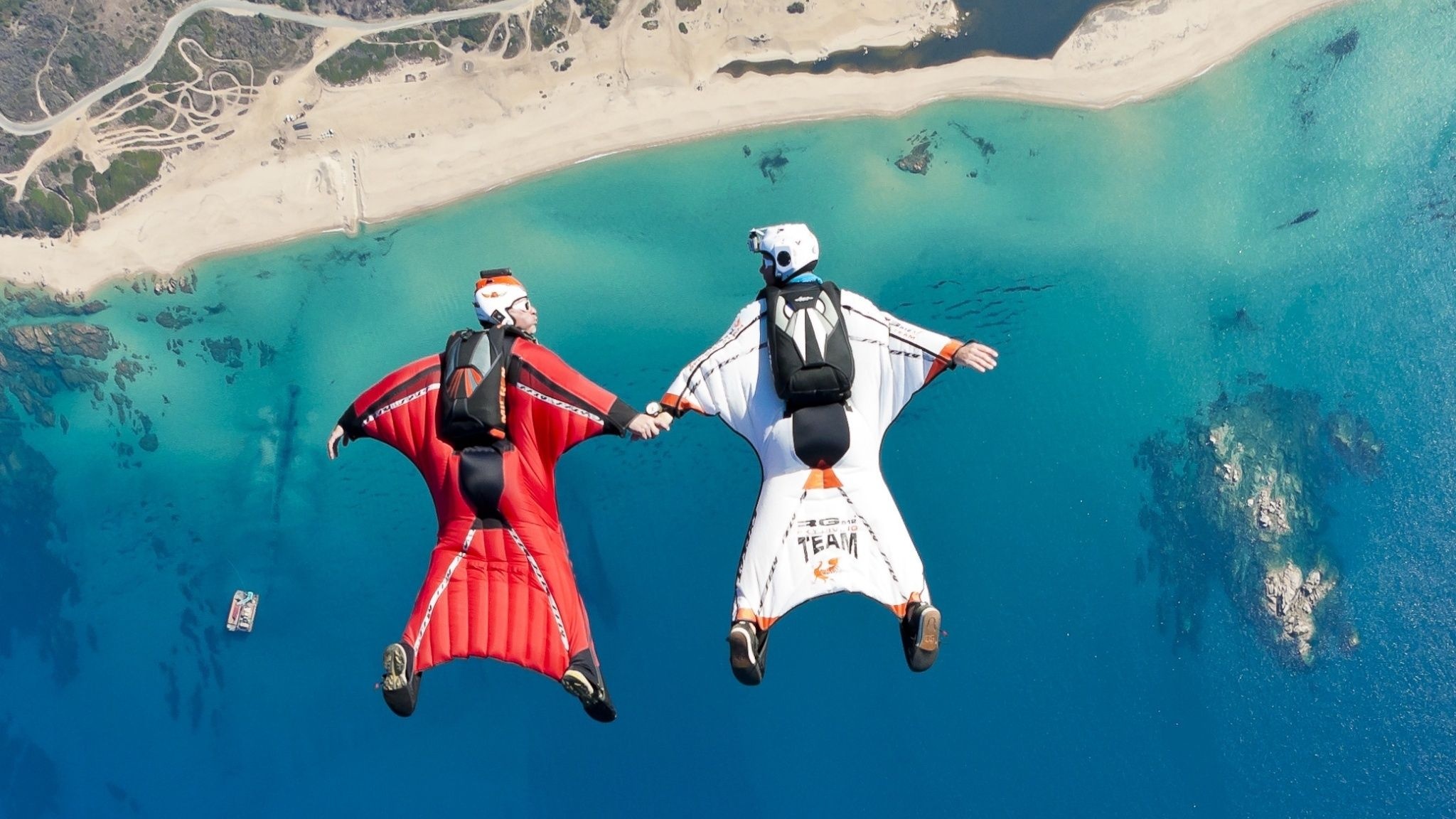 Wingsuit Flying: Tandem wingsuit skydiving, Extreme formations in the air, Windsports. 2050x1160 HD Wallpaper.