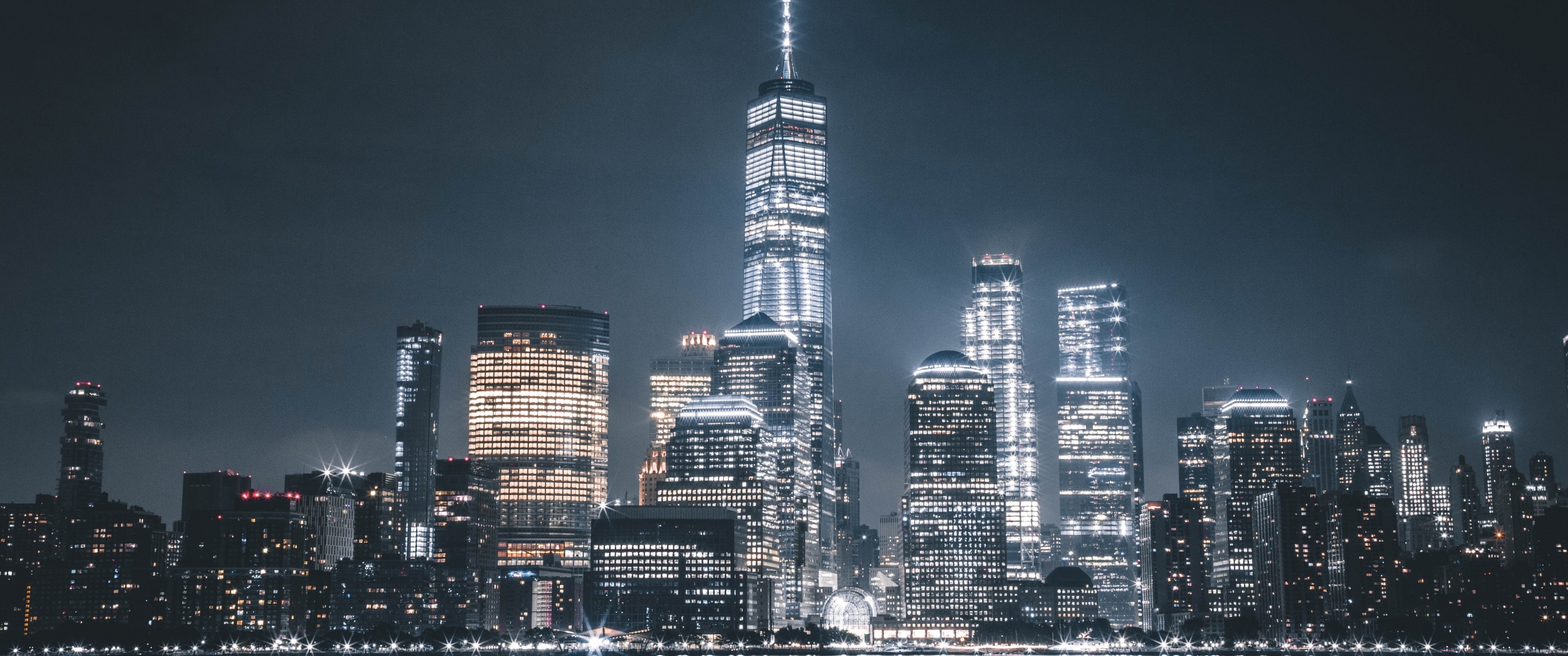 Manhattan Skyline, Night scenery, Freedom tower, World trade center, 3440x1440 Dual Screen Desktop