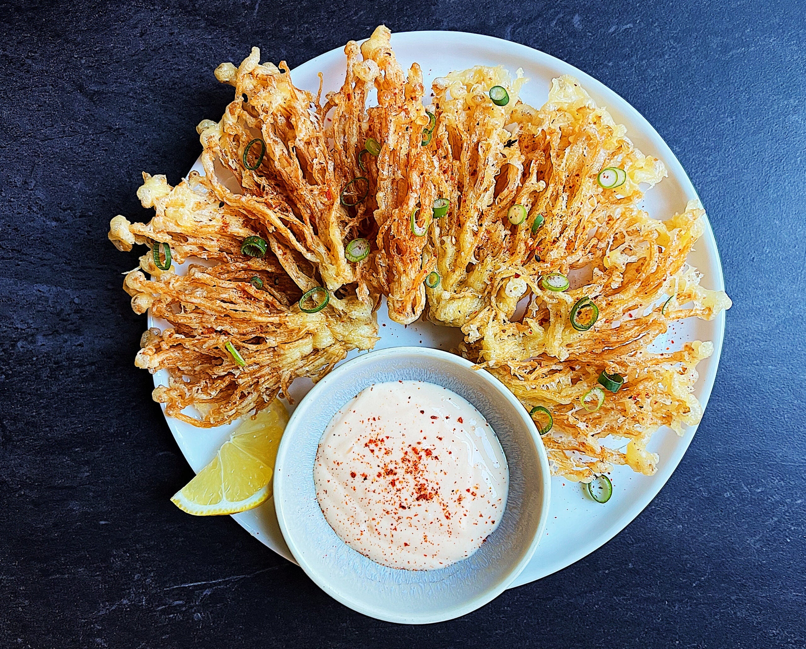 Bloomin onion makeover, Spicy sauce, Vegan-friendly appetizer, Plant-based recipe, 2560x2070 HD Desktop