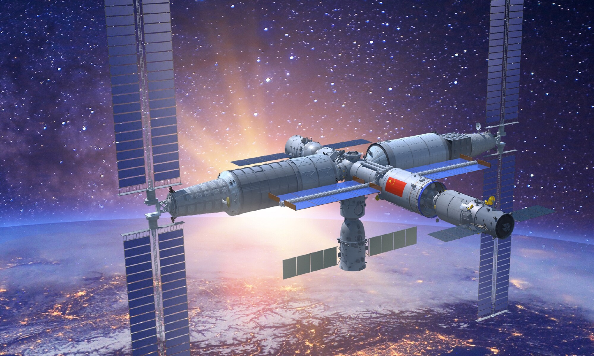 Tiangong Space Station: China's first long-term artificial satellite, Core module, Science. 2000x1200 HD Background.