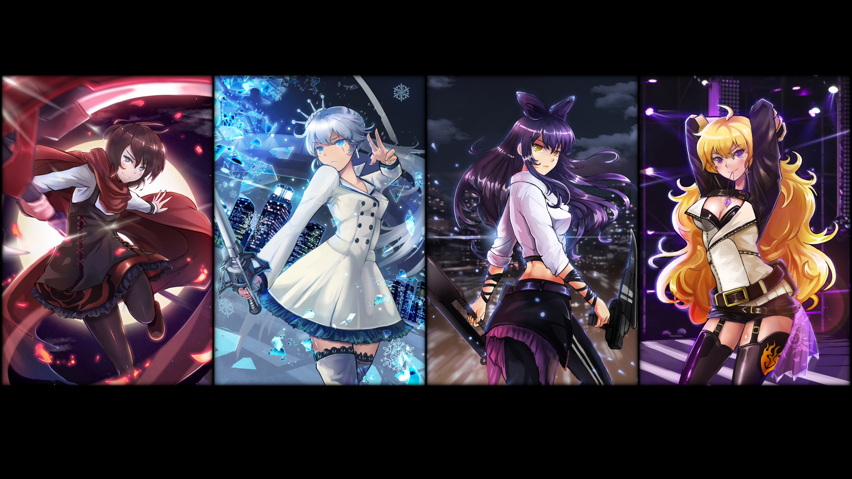RWBY ensemble, 490 anime renditions, Diverse characters, Vivid colors, Dynamic poses, 2740x1540 HD Desktop