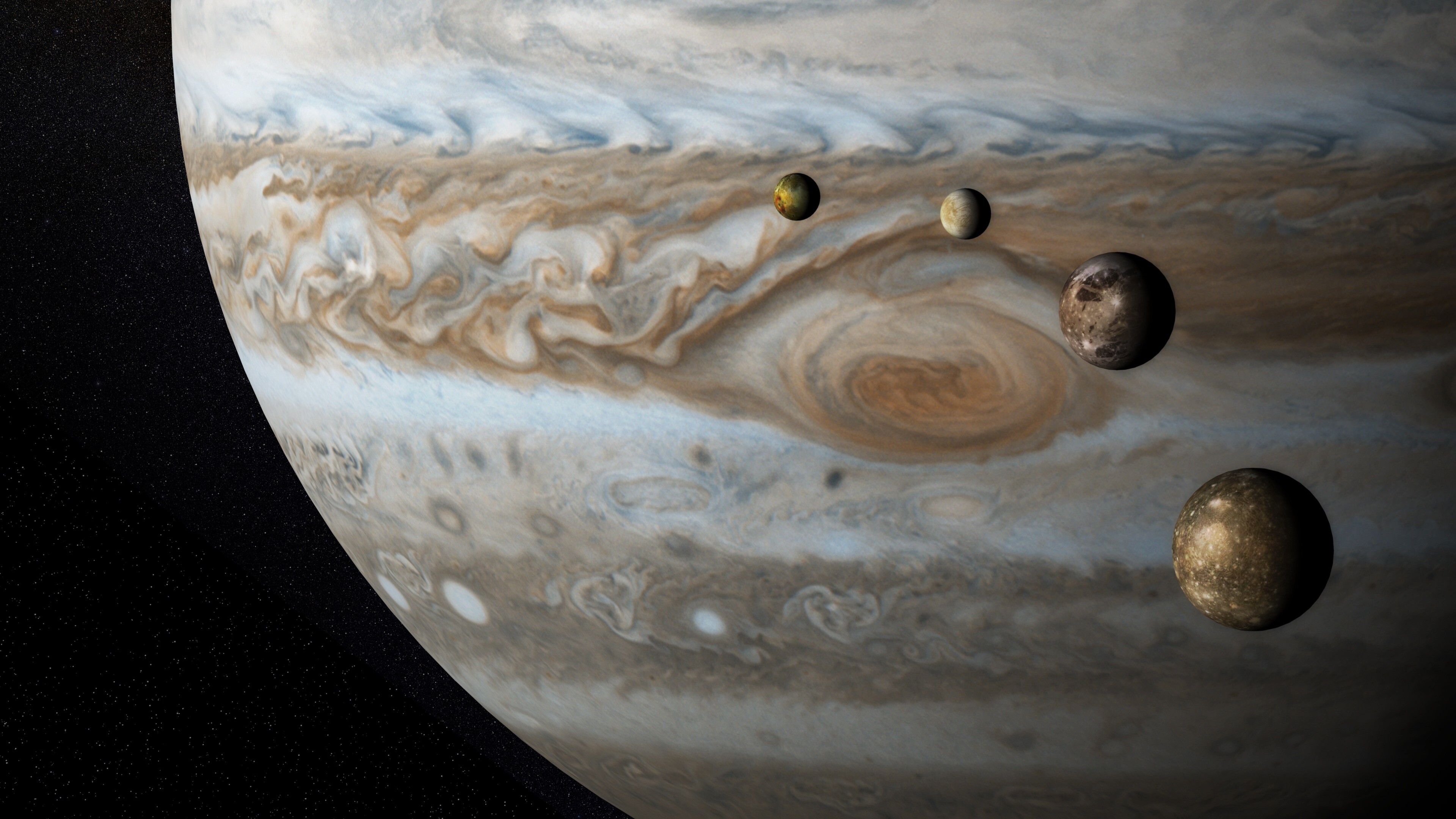 Jupiter: The planet has four large moons: Io, Europa, Ganymede, and Callisto. 3840x2160 4K Background.