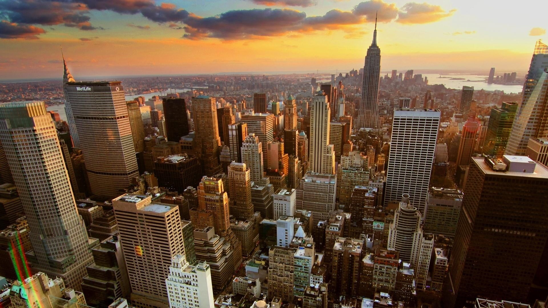 Cityscape: Empire State Building, Skyscrapers in Manhattan, Big Apple, New York City. 1920x1080 Full HD Wallpaper.