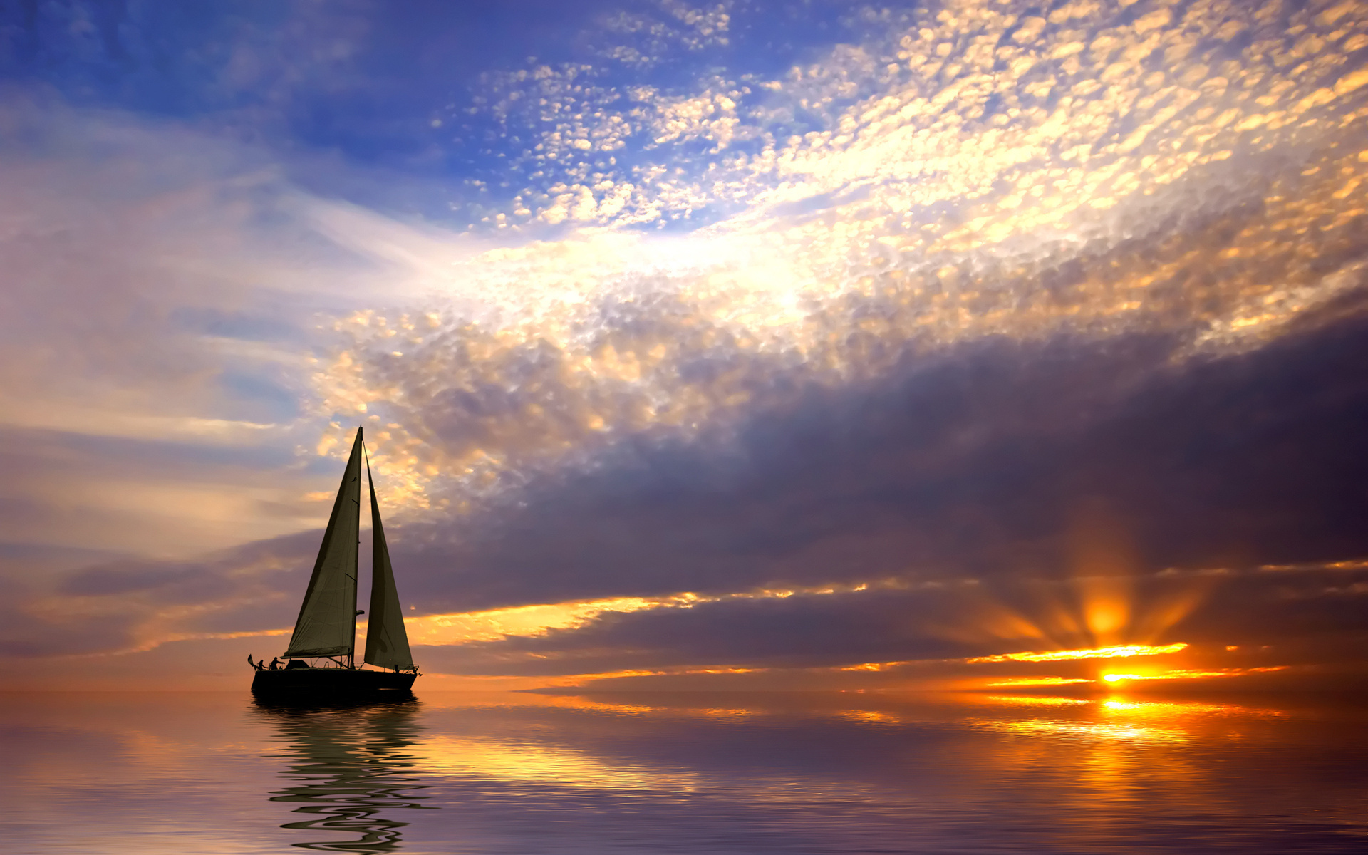 Sail boat travels, Sky sailing, Stunning sunset, Cloud formations, 1920x1200 HD Desktop