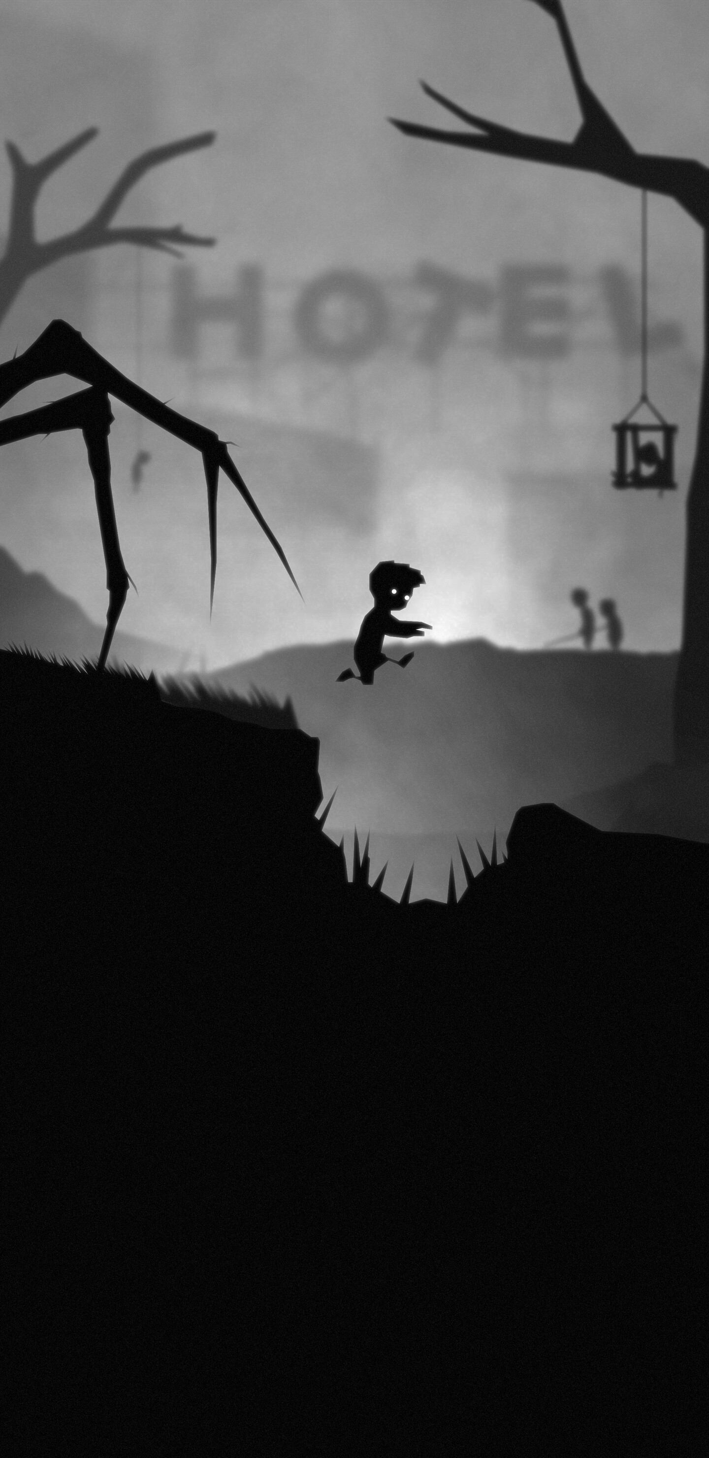 Limbo: The game is presented in black-and-white tones, using lighting, film grain effects, and minimal ambient sounds to create an eerie atmosphere often associated with the horror genre. 1440x2960 HD Background.
