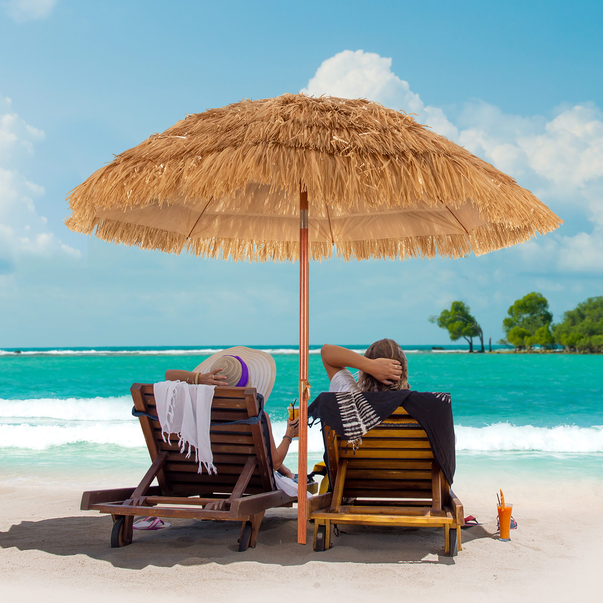 Thatched beach umbrella, Tiki charm, Tropical retreat, Coastal relaxation, 2000x2000 HD Phone