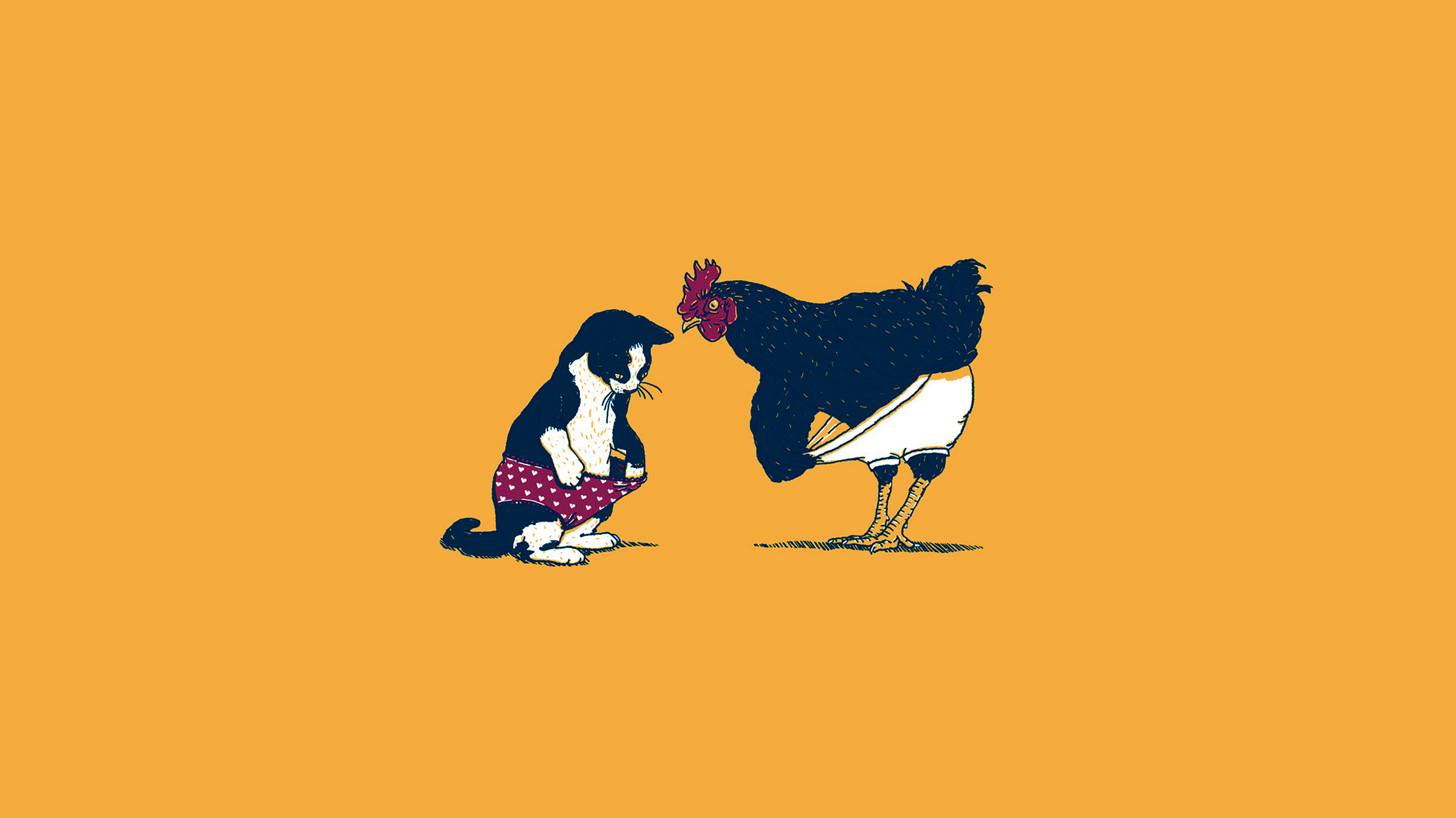 Cat and chicken, Playful illustration, Quirky art, Whimsical wallpaper, 3840x2160 4K Desktop