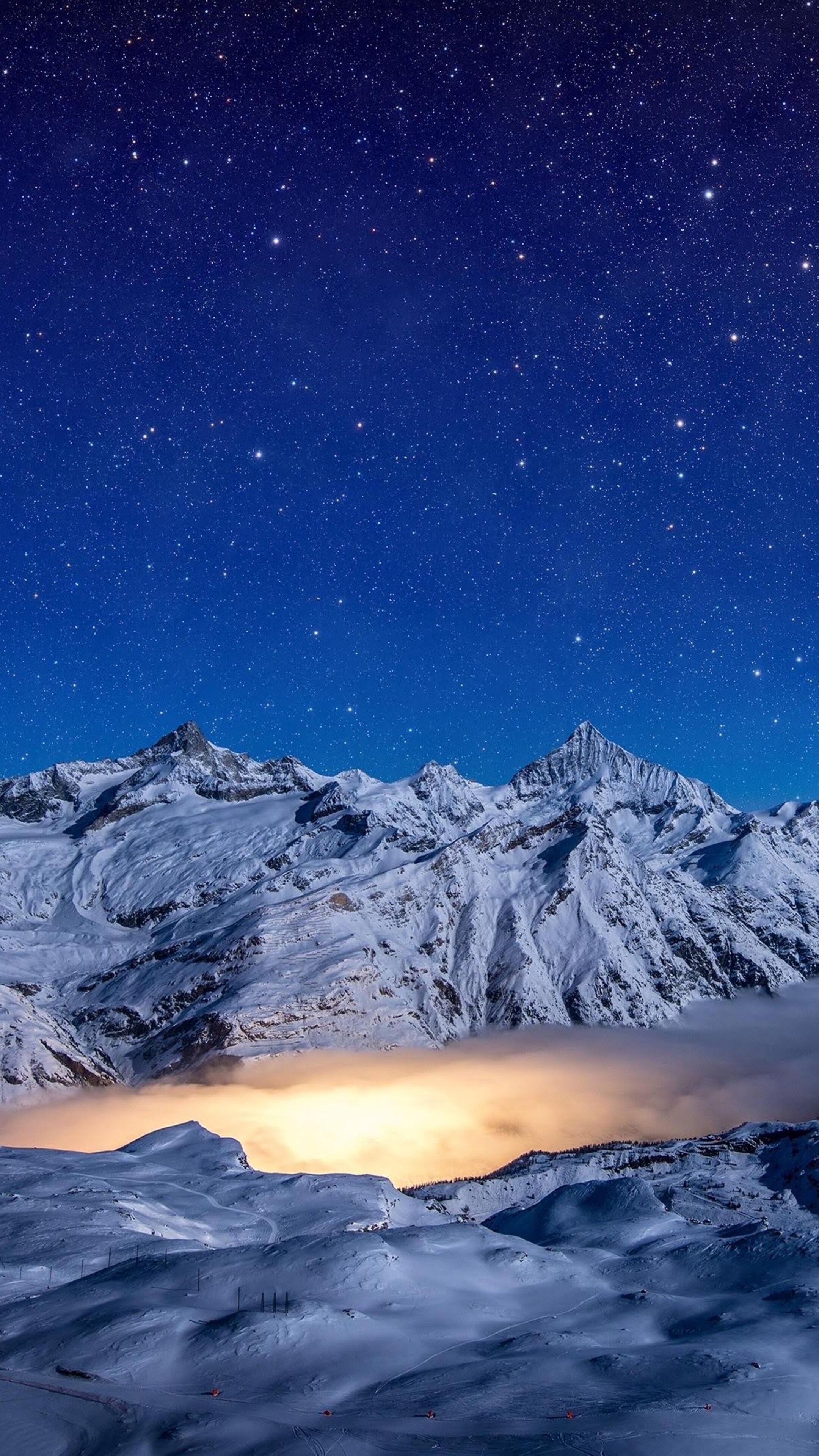 Glacier: Starry night, Snow covered mountains, A slowly moving mass of ice. 2160x3840 4K Wallpaper.