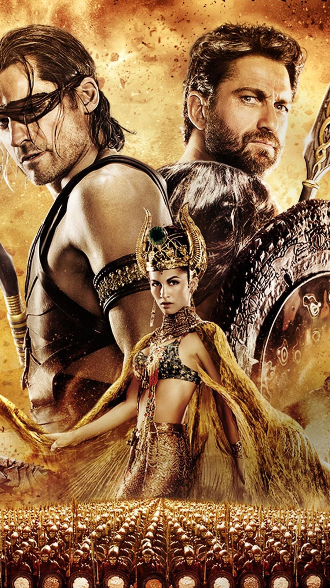 Gods of Egypt (Movie): Elodie Yung as Hathor, Nikolaj Coster-Waldau as Horus, Gerard Butler as Set. 1080x1920 Full HD Wallpaper.