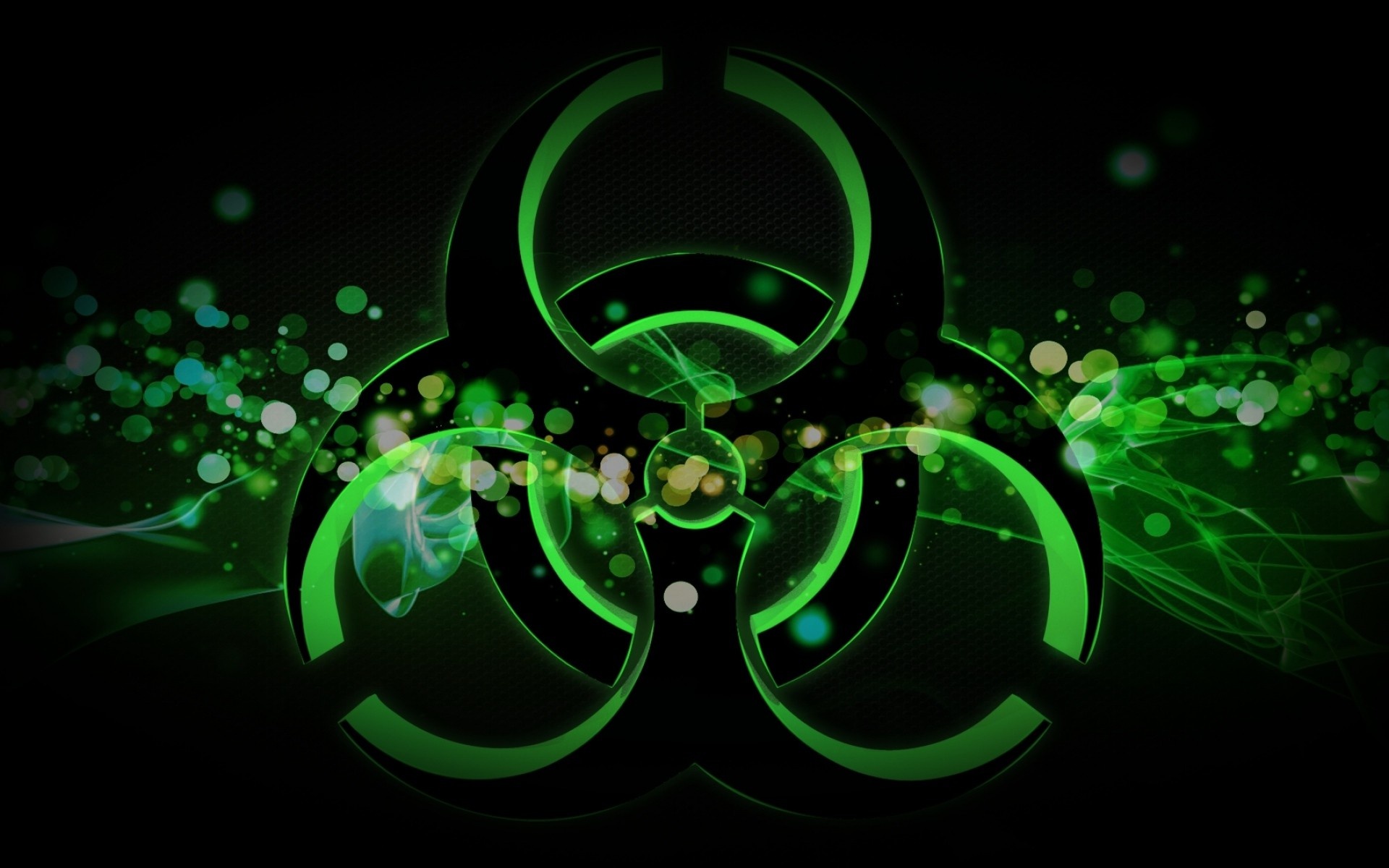 Green Biohazard: A pictogram applied to containers of dangerous chemical compounds to indicate the specific hazard. 1920x1200 HD Background.