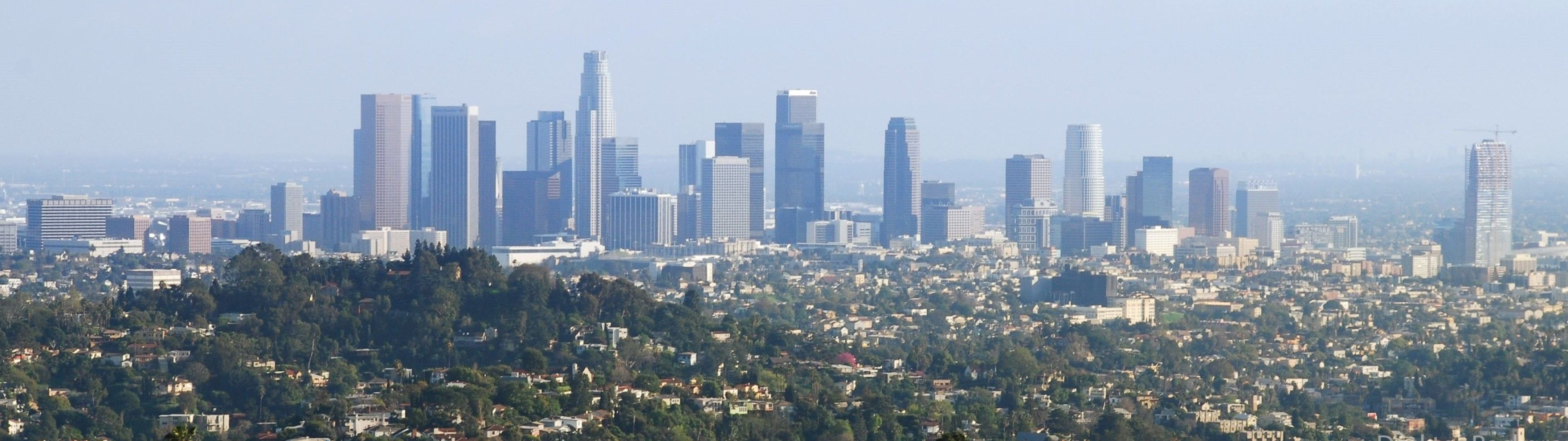 Los Angeles Skyline, Dual monitor wallpapers, Urban metropolis, Cityscape, 3840x1080 Dual Screen Desktop