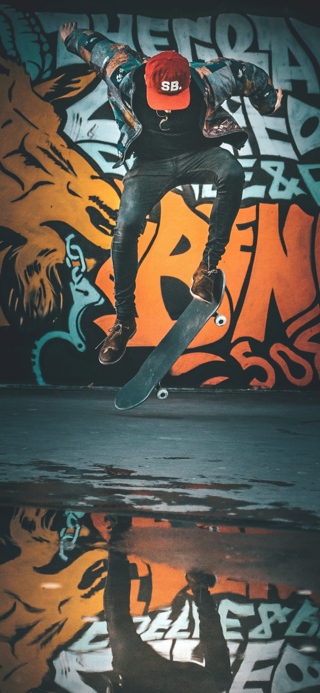 Skateboarding: Modern street action sport that was born sometime in the 1950s. 1080x2340 HD Background.