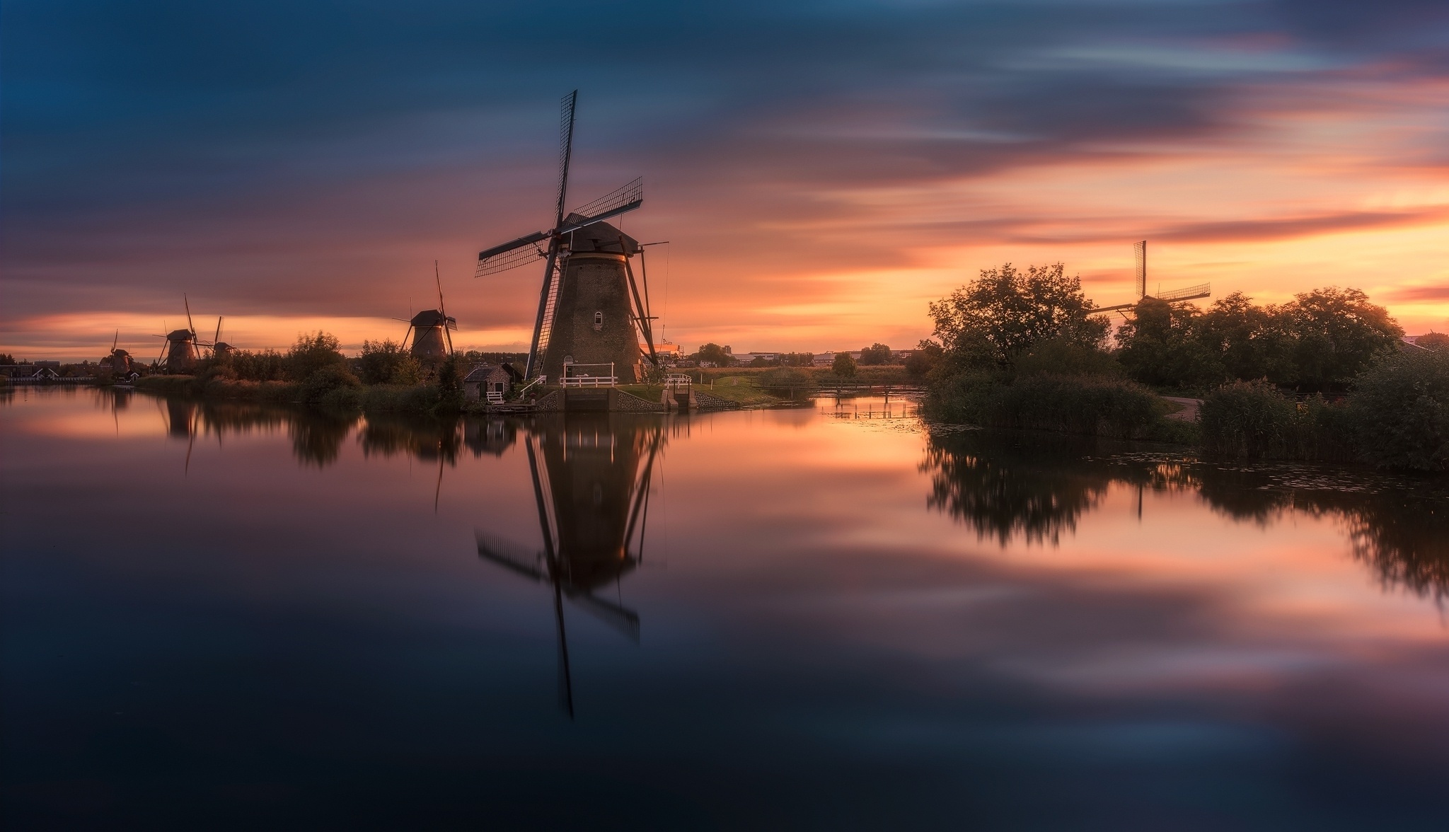 Windmills at Kinderdijk, Travels, Sunset reflection, Netherlands, 2050x1180 HD Desktop